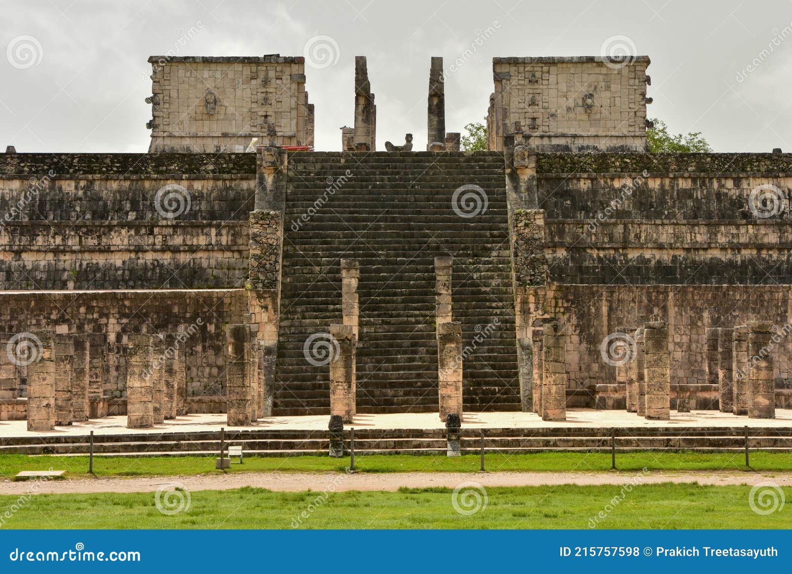 the temple of the warriors, showing a statue of chacmool, at chichen itza, a city built by the maya people in mexico