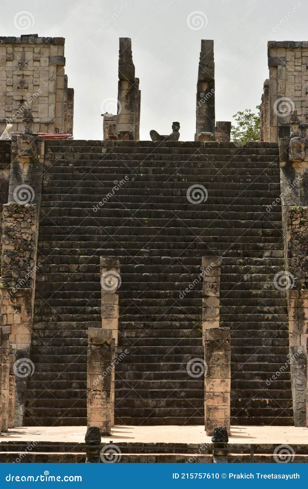 the temple of the warriors, showing a statue of chacmool, at chichen itza, a city built by the maya people in mexico
