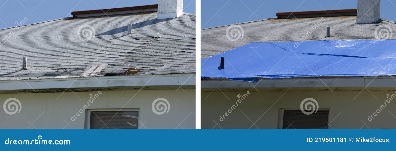 before and after temporary repair on a badly storm damaged roof on a house with a big leaky hole in the rooftop