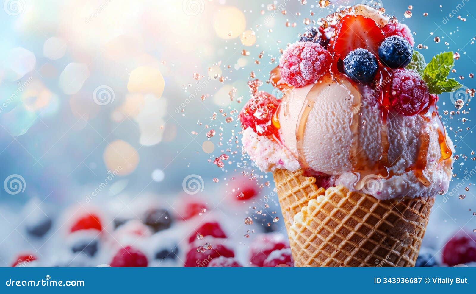 tempting ice cream cone adorned assortment berries and drizzle syrup set bright backdrop playful splash effect creating