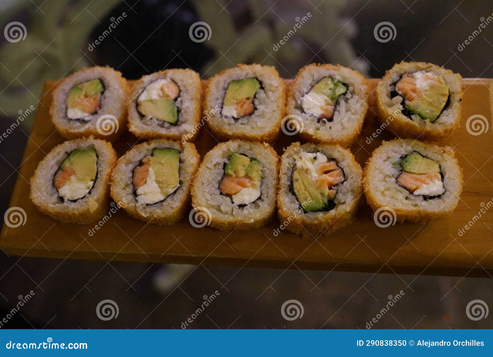 Tempura Salmon Avocado and Cream Cheese Japanese Bagel Sushi Roll at