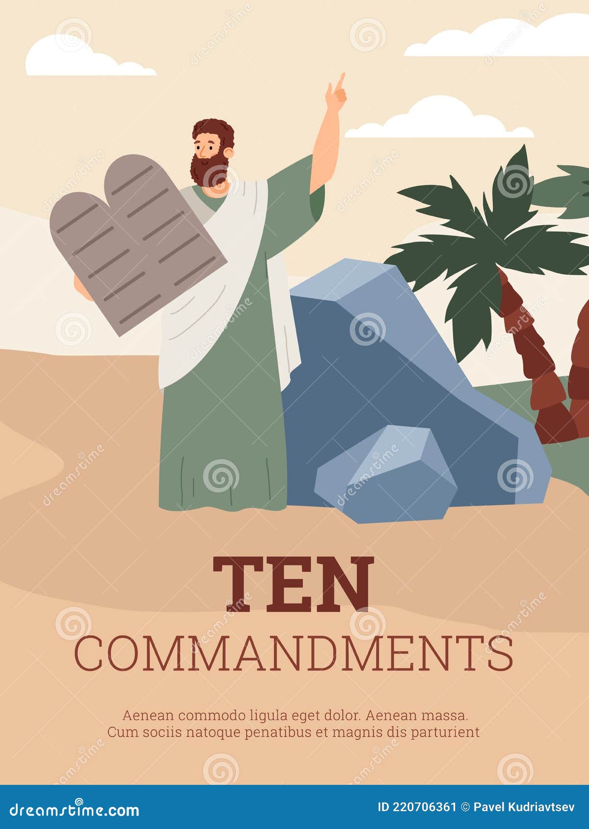 ten commandments banner or poster with biblical moses flat  .