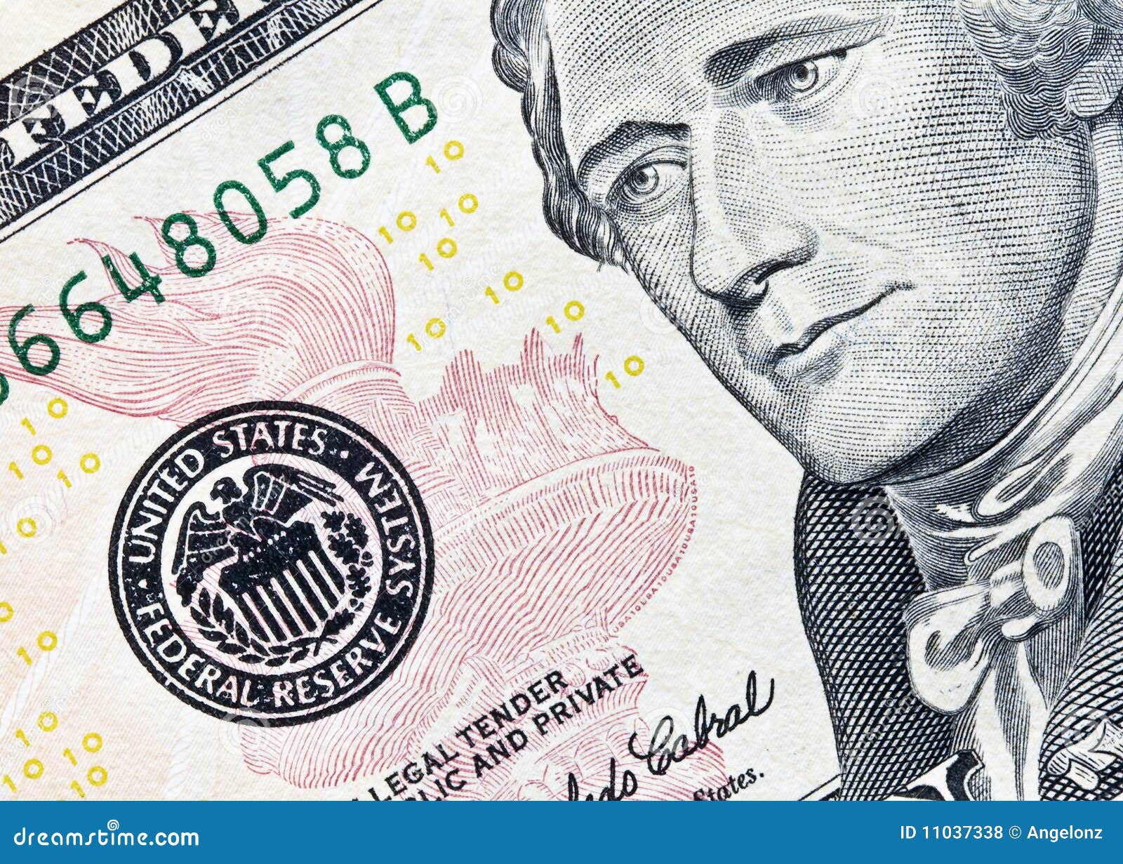 ten dollar bill focus on federal reserve seal