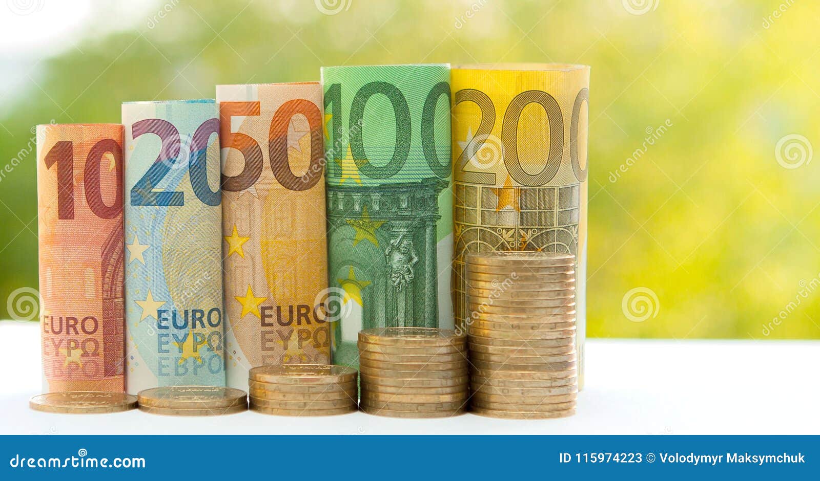 ten, twenty, fifty, one hundred, two hundred and coins euro roll