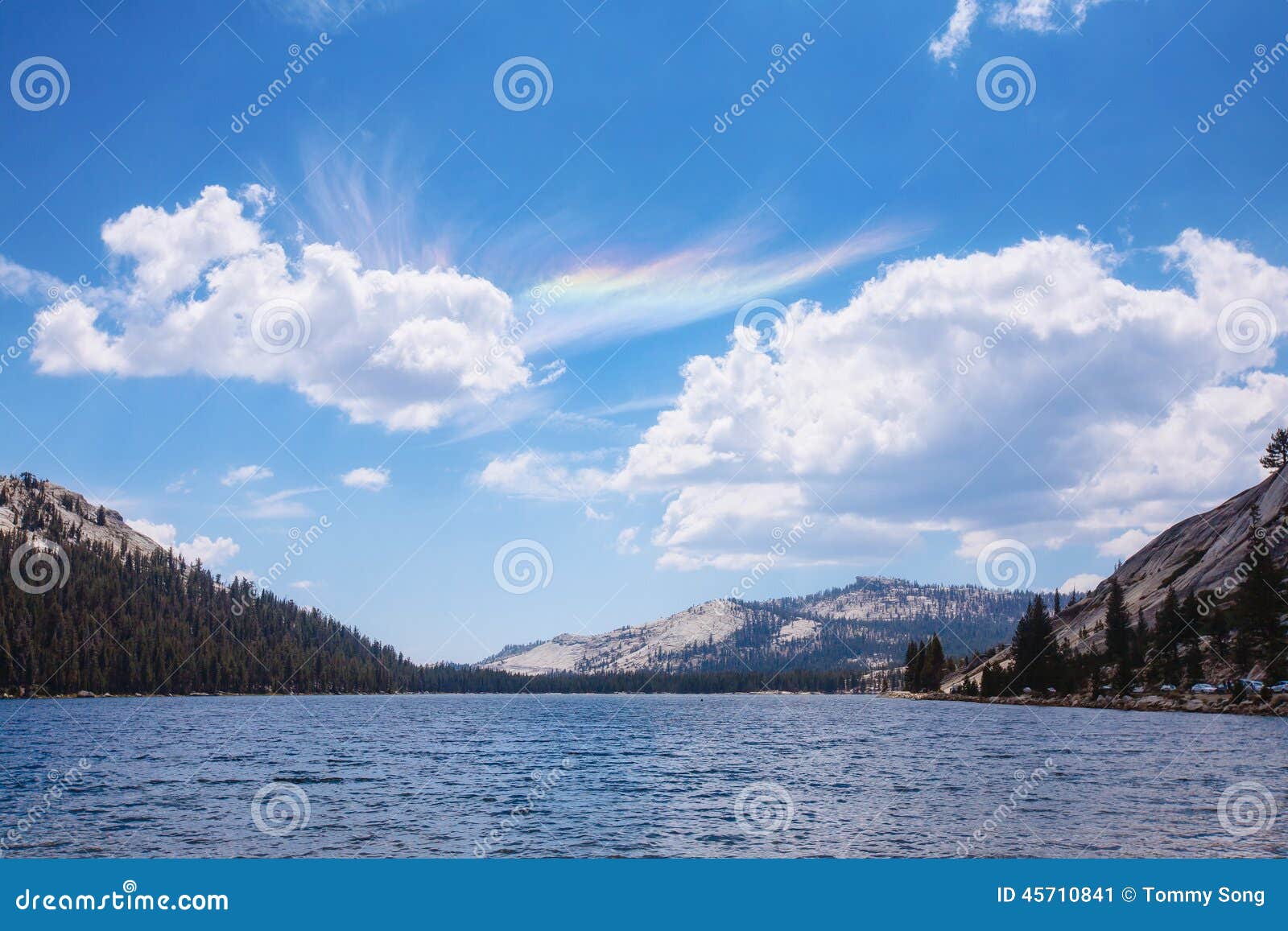 tenaya lake with optical phenomena in sky