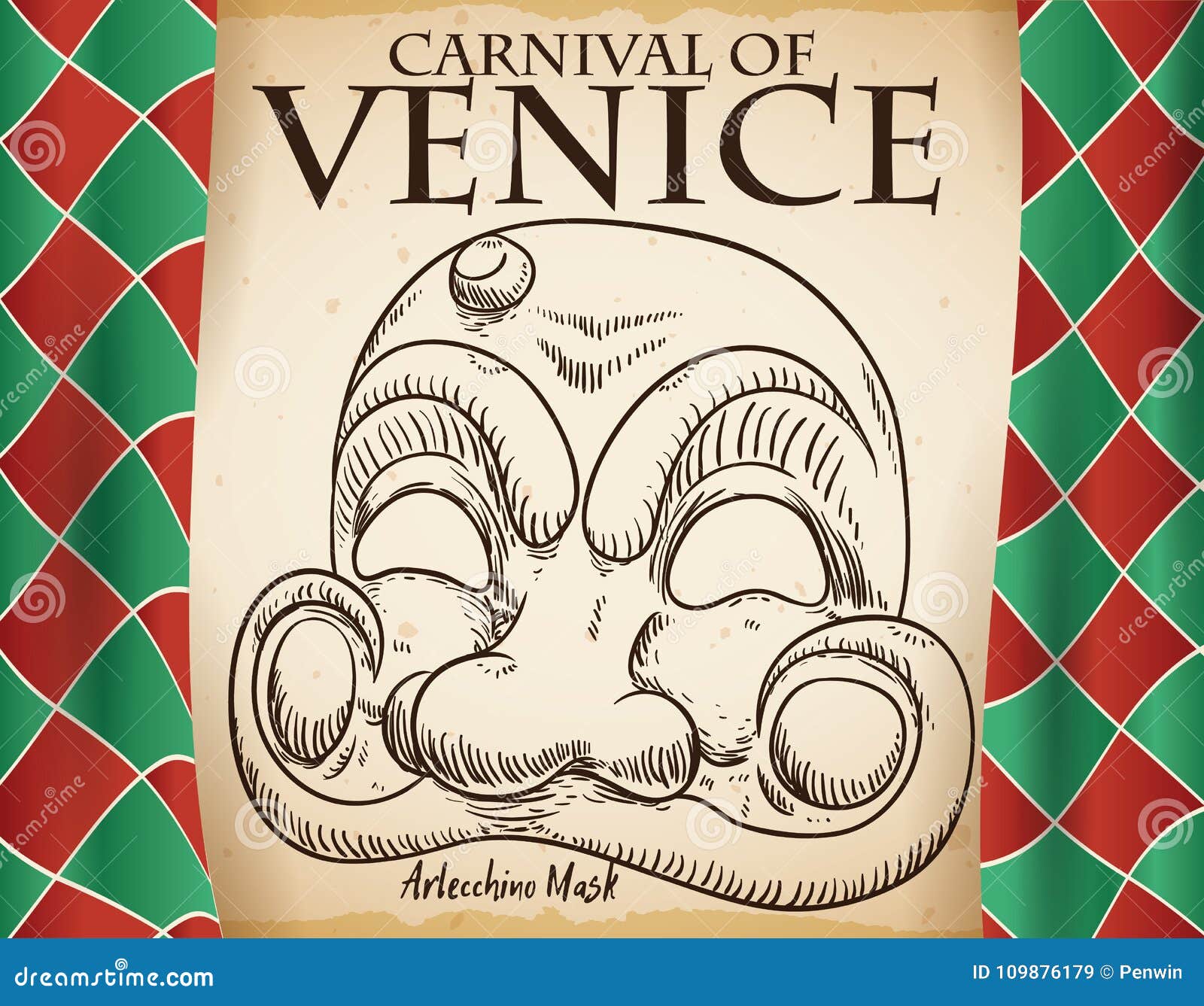 Tende E Rotolo Con La Maschera Schizzata Di Arlecchino Per Il Carnevale Di  Venezia, Illustrazione Di Vettore Illustrazione Vettoriale - Illustrazione  di corno, festival: 109876179