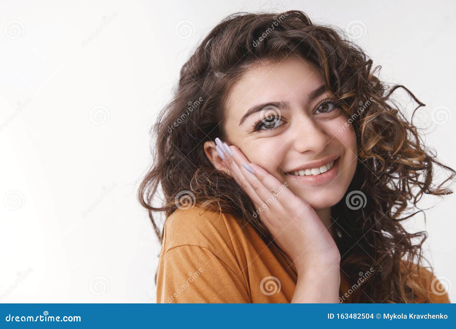 Tender Delighted Young Flirty Caucasian Girl Curly Black Hair Pressing Palm Cheek Blushing Nice Heartwarming Compliment Stock Photo - Image of background, advertising: 163482504 Tender Delighted Young Flirty Caucasian Girl Curly Black Hair Pressing Palm Cheek Blushing Nice Heartwarming Compliment Stock Photo - Image of background, advertising: 163482504