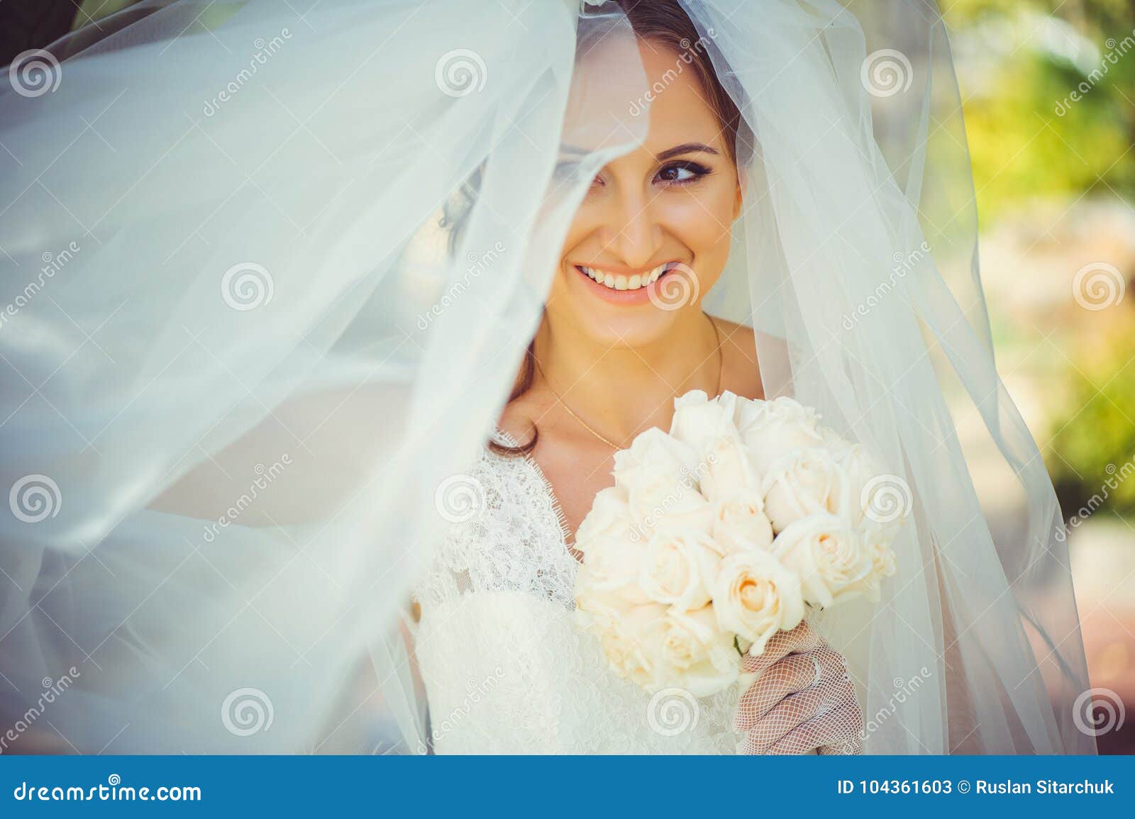 Tender Happy Bride in Veil, Happy Woman in Wedding Dress with Bouquet ...