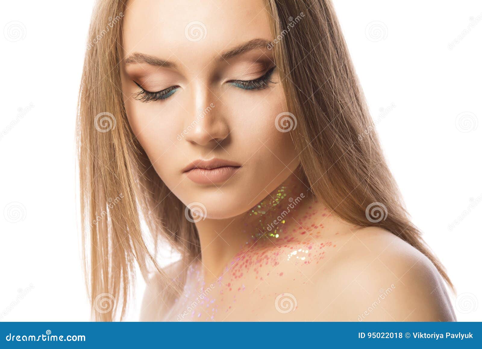 Tender Lady With Professional Makeup And Glitter On Her Neck Stock 