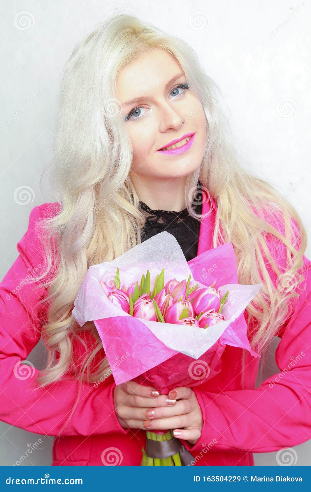 Tender Pretty Blonde Slim Teen Girl With Pink Flowers