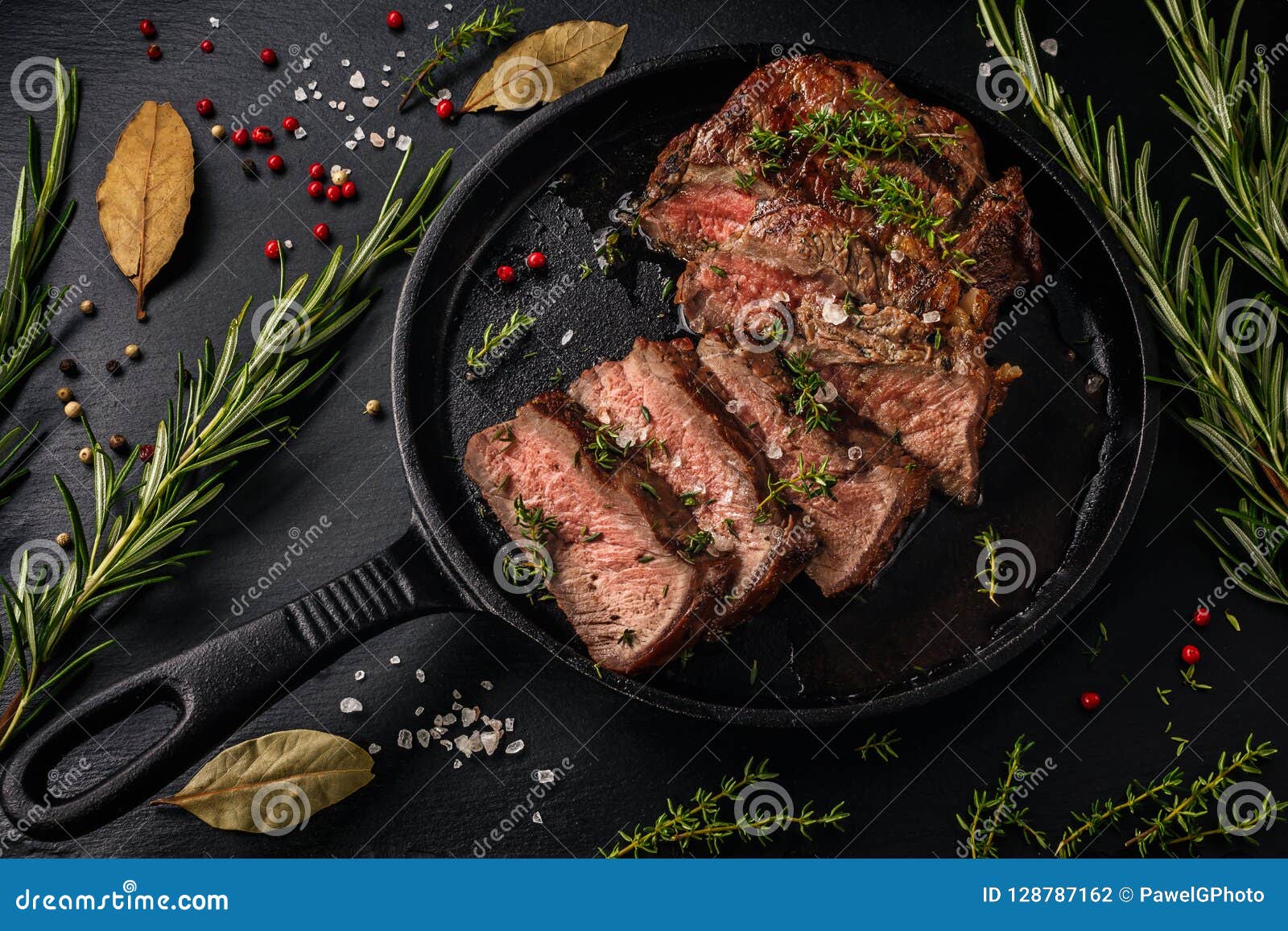 tender sliced sous-vide beef steak from in a cast iron pan
