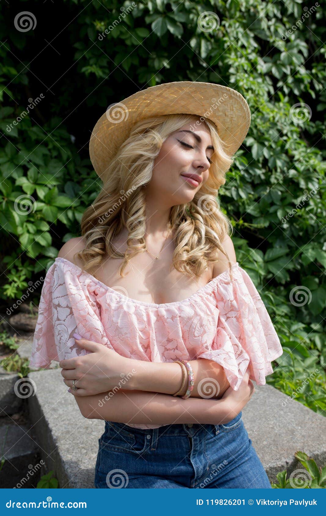 Tender Young Lady Wearing Straw Hat and Lace Blouse with Naked S Stock  Image - Image of female, fashion: 119826201