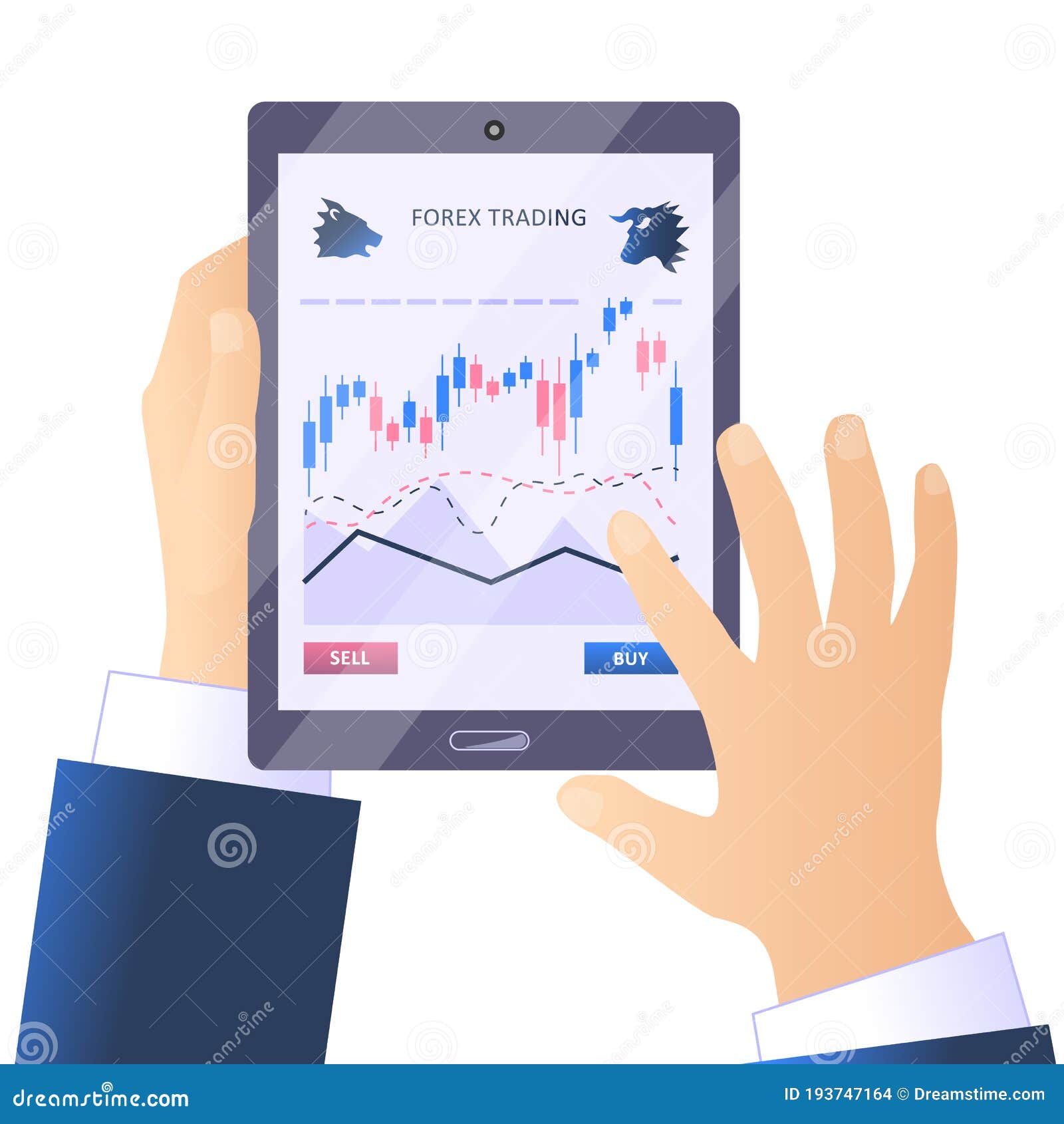 Tenere la compressa con un'applicazione di commercio di forex. informazioni sulle attività di borsa. disegno piatto vettoriale