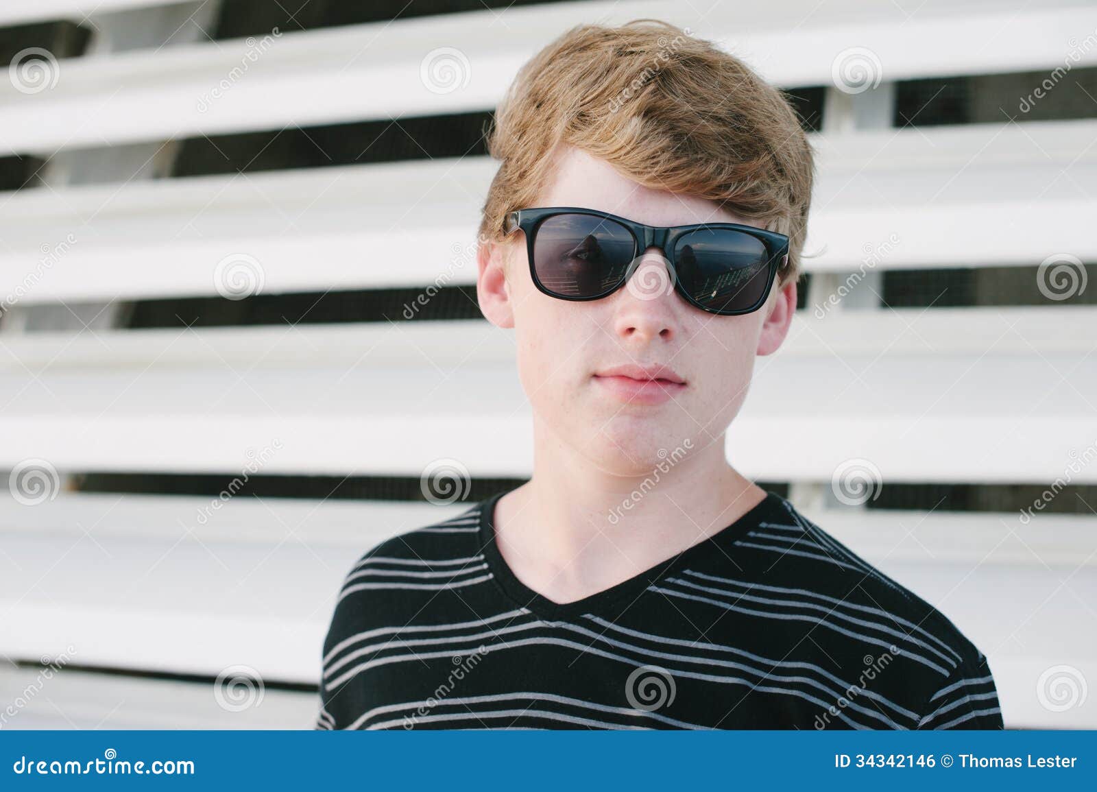 Tenn Boy In Striped Shirt And Sunglasses. Stock Photo 