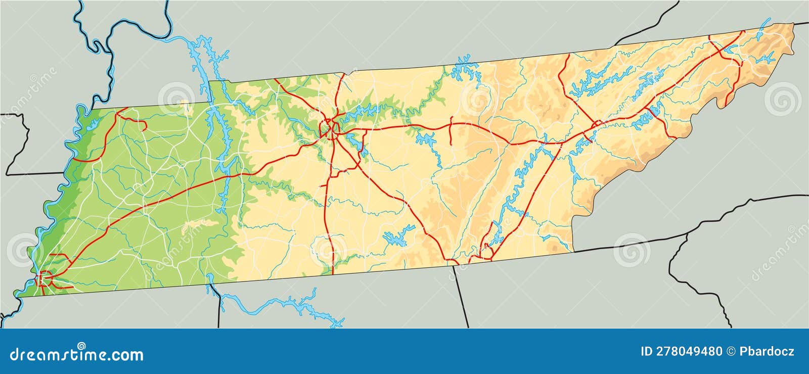 Detailed Tennessee Physical Map. Stock Vector Illustration of