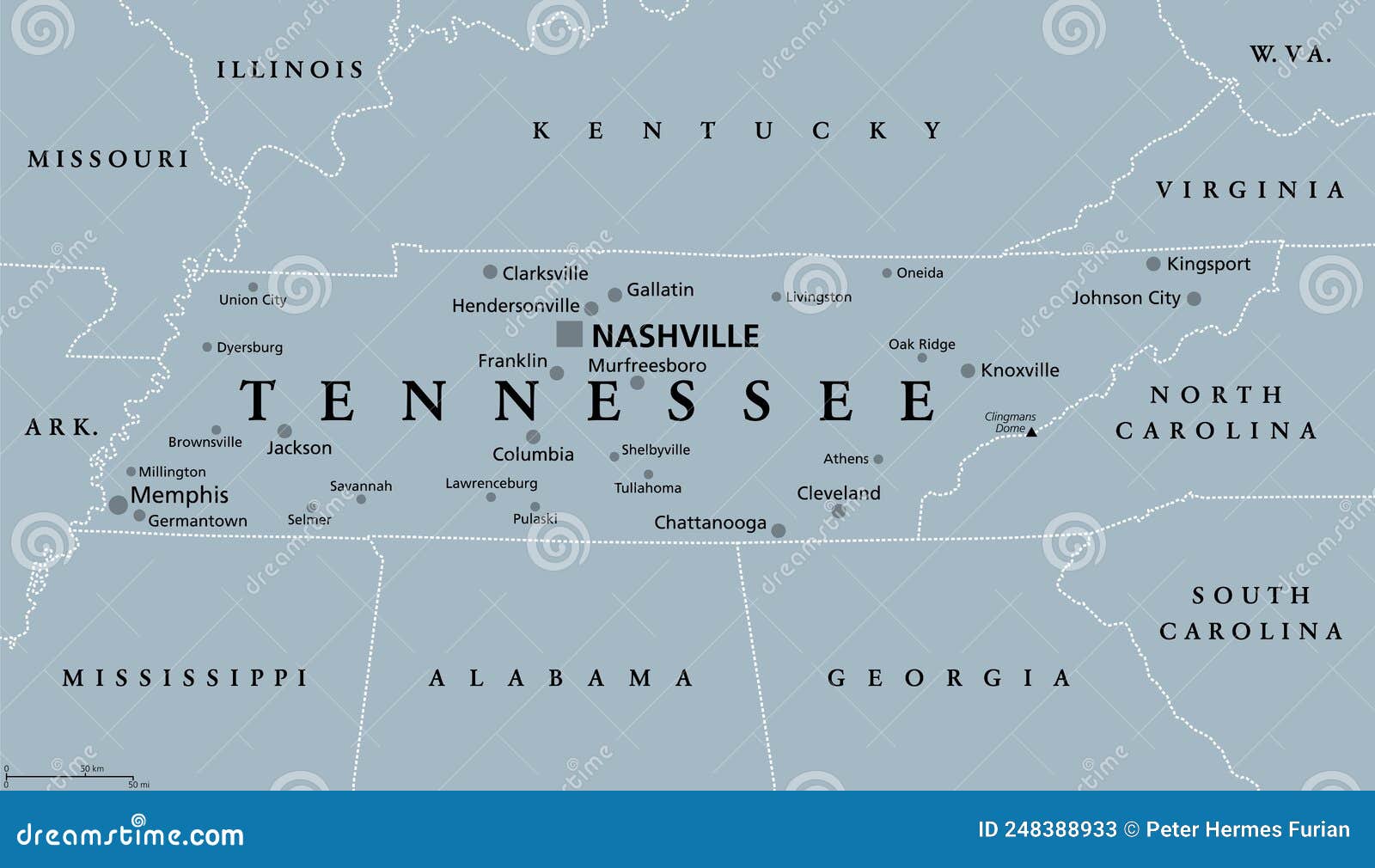 Tennessee, TN, Gray Political Map, US State, the Volunteer State Stock