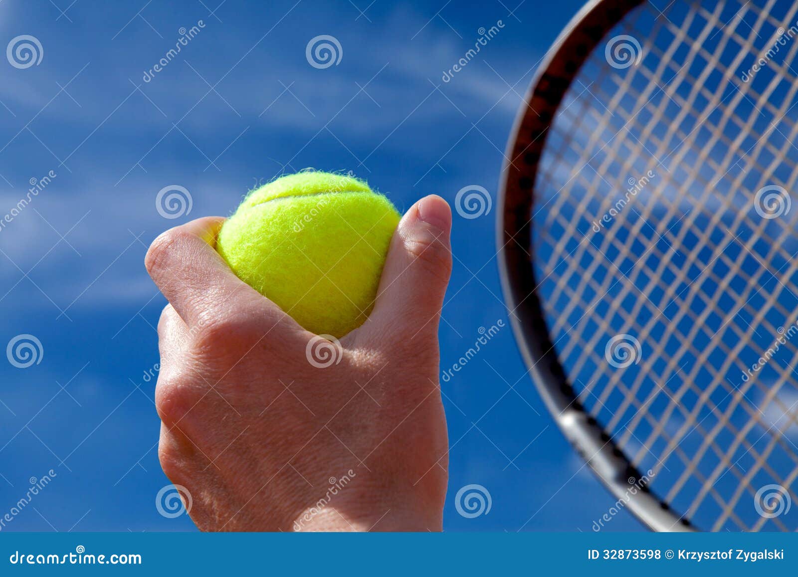 Tennis ball and racket. Tennis ball and blue sky