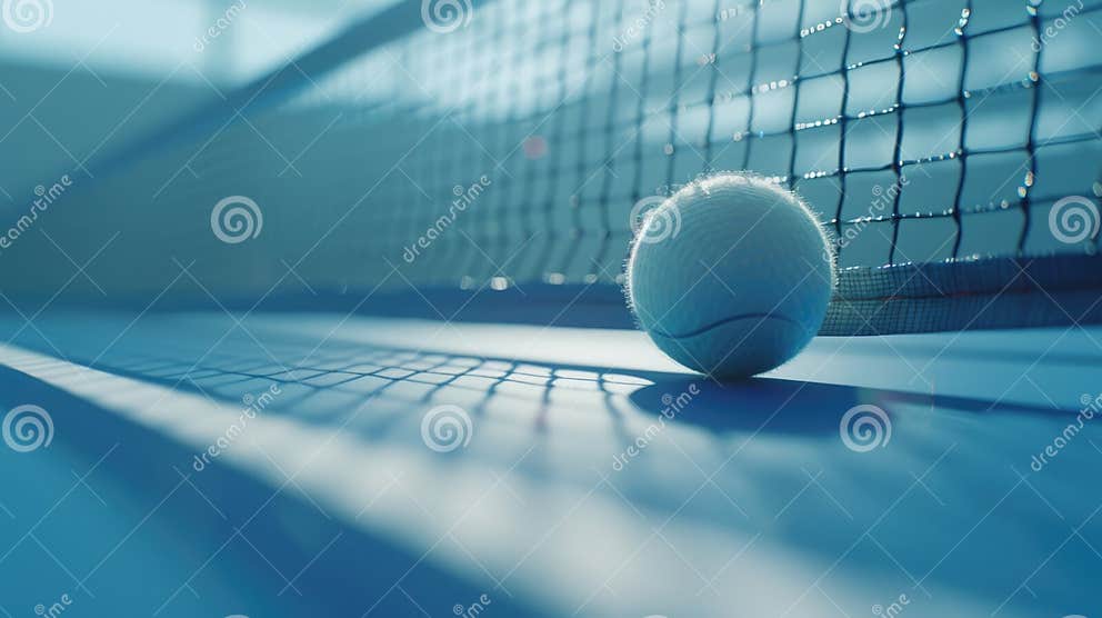 I Was Waiting To Play Tennis Yesterday When My Partner A Tennis Ball Sits Atop a Tennis Court, Waiting for Play Stock Photo