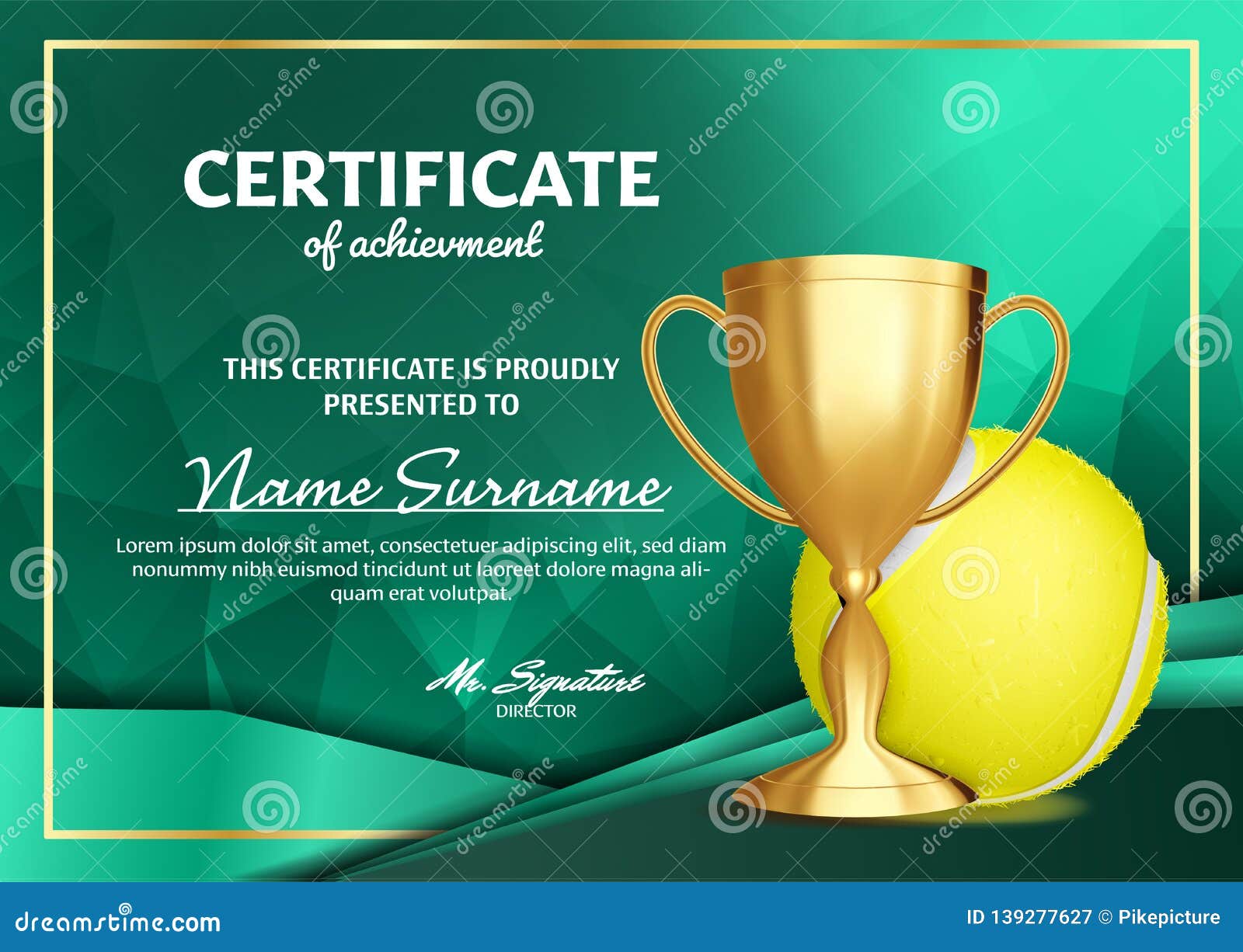 Tennis Certificate Diploma with Golden Cup Vector. Sport Award Pertaining To Tennis Certificate Template Free