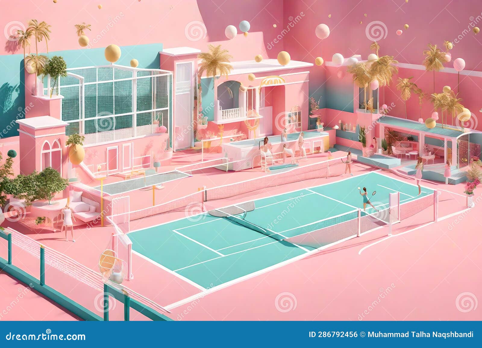 tennis court outside a barbie themed toy villa, beautiful front view of a barbie villa - ai generated