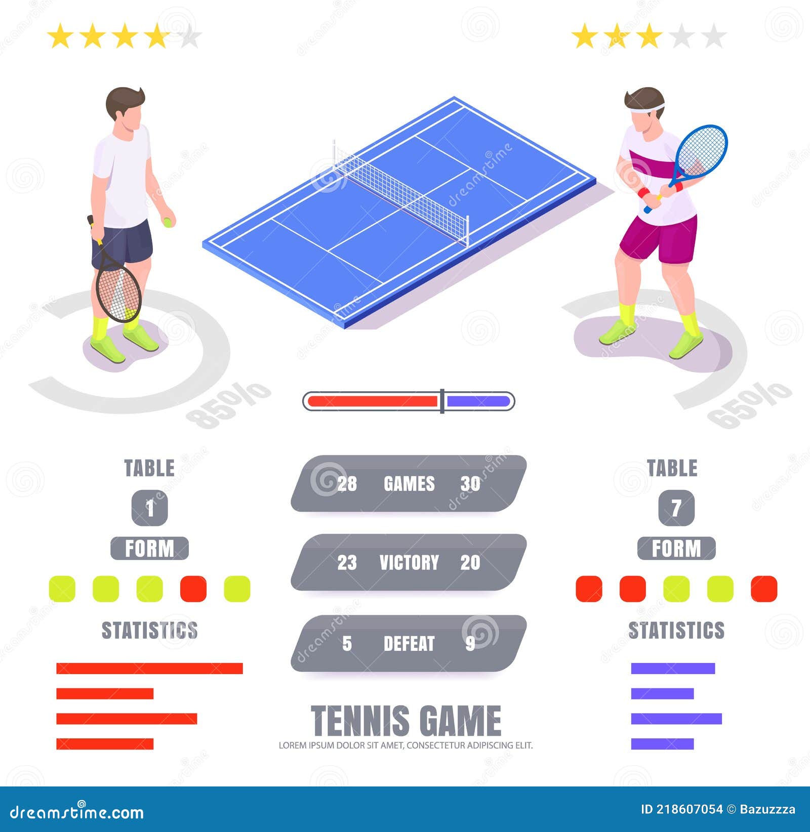 Tennis Game Statistics, Ratings, Vector Isometric Infographic