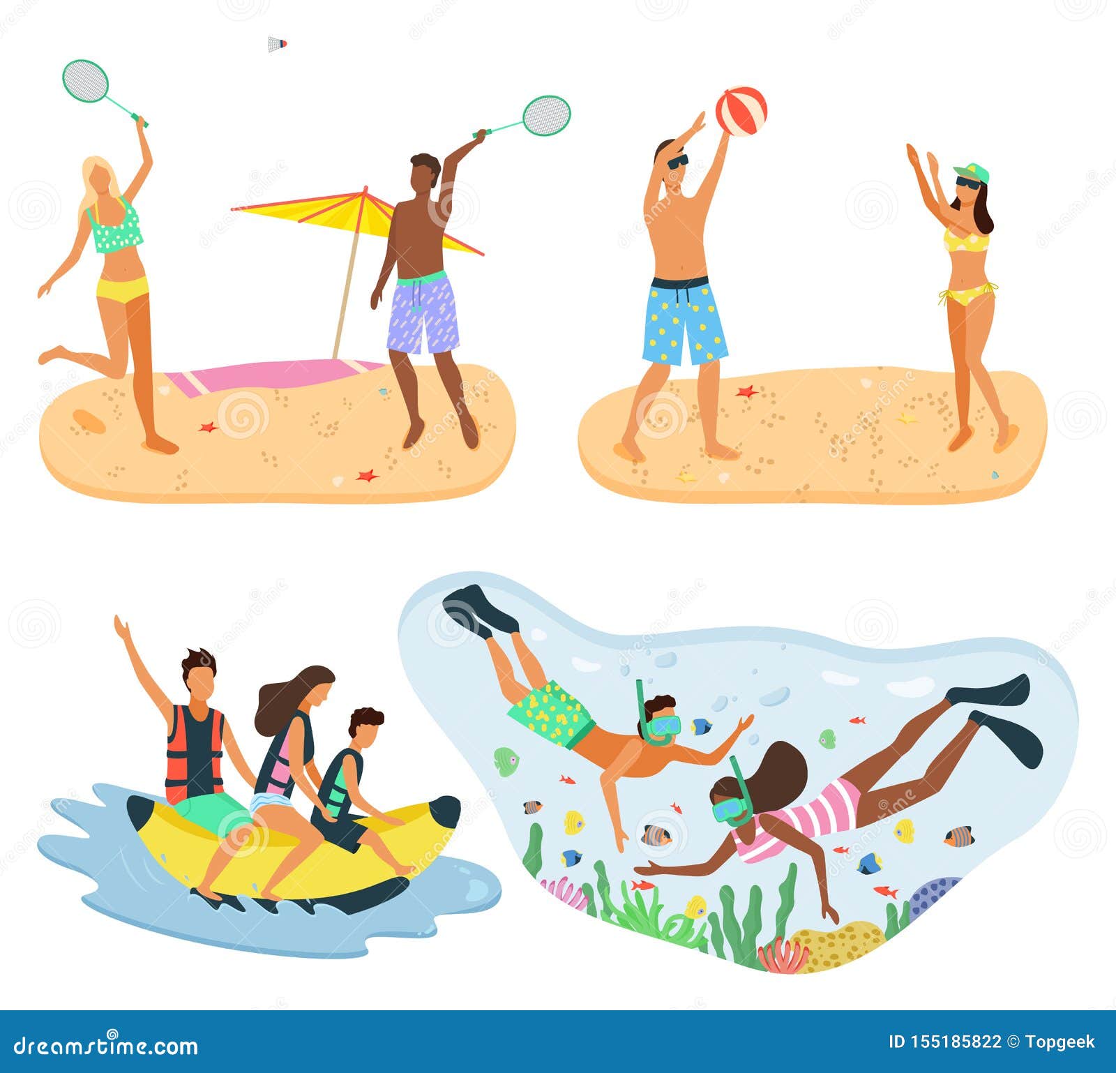 Tennis Players, Volleyball and Diving Snorkeling Stock Vector ...