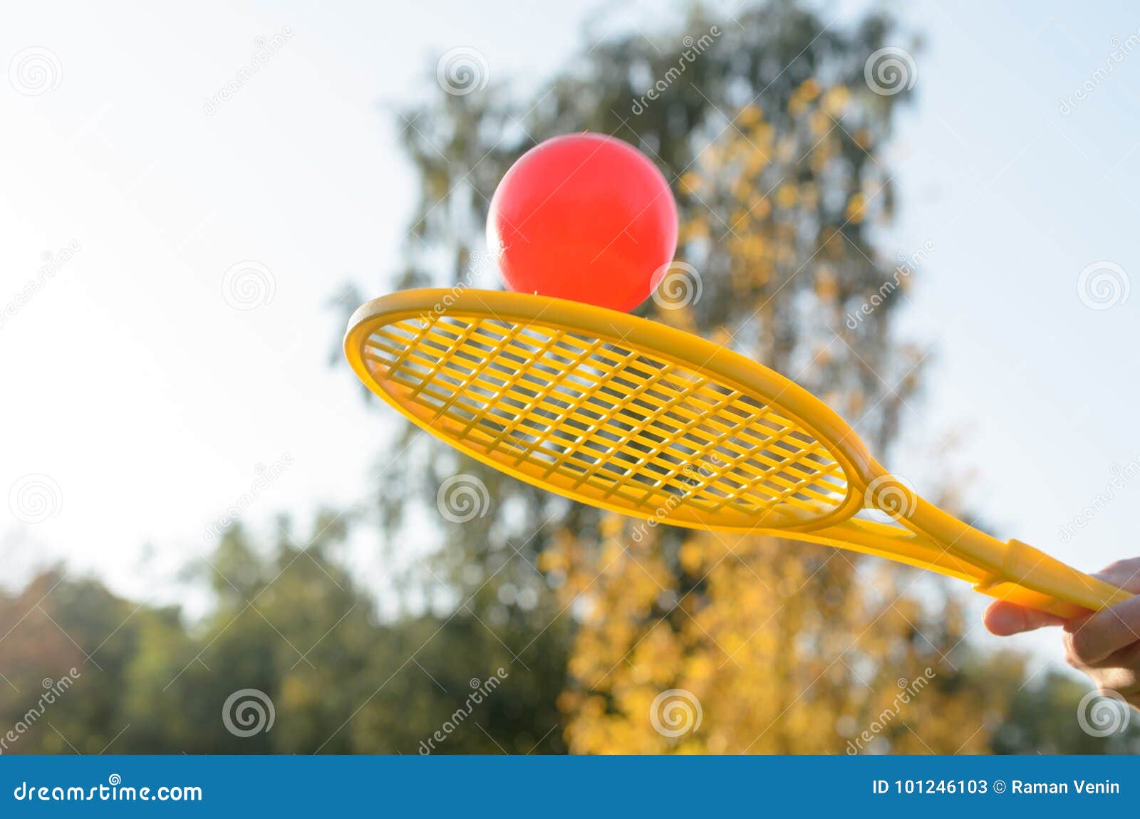 A Tennis Racket in His Hand Catches the Ball in Motion. Stock Image