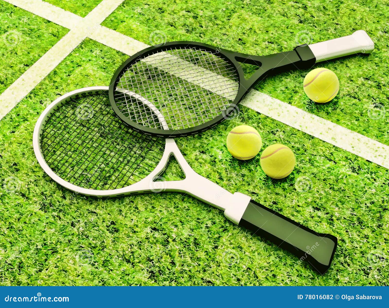 Tennis Rackets And Balls Are Located Against The Background Of Grass