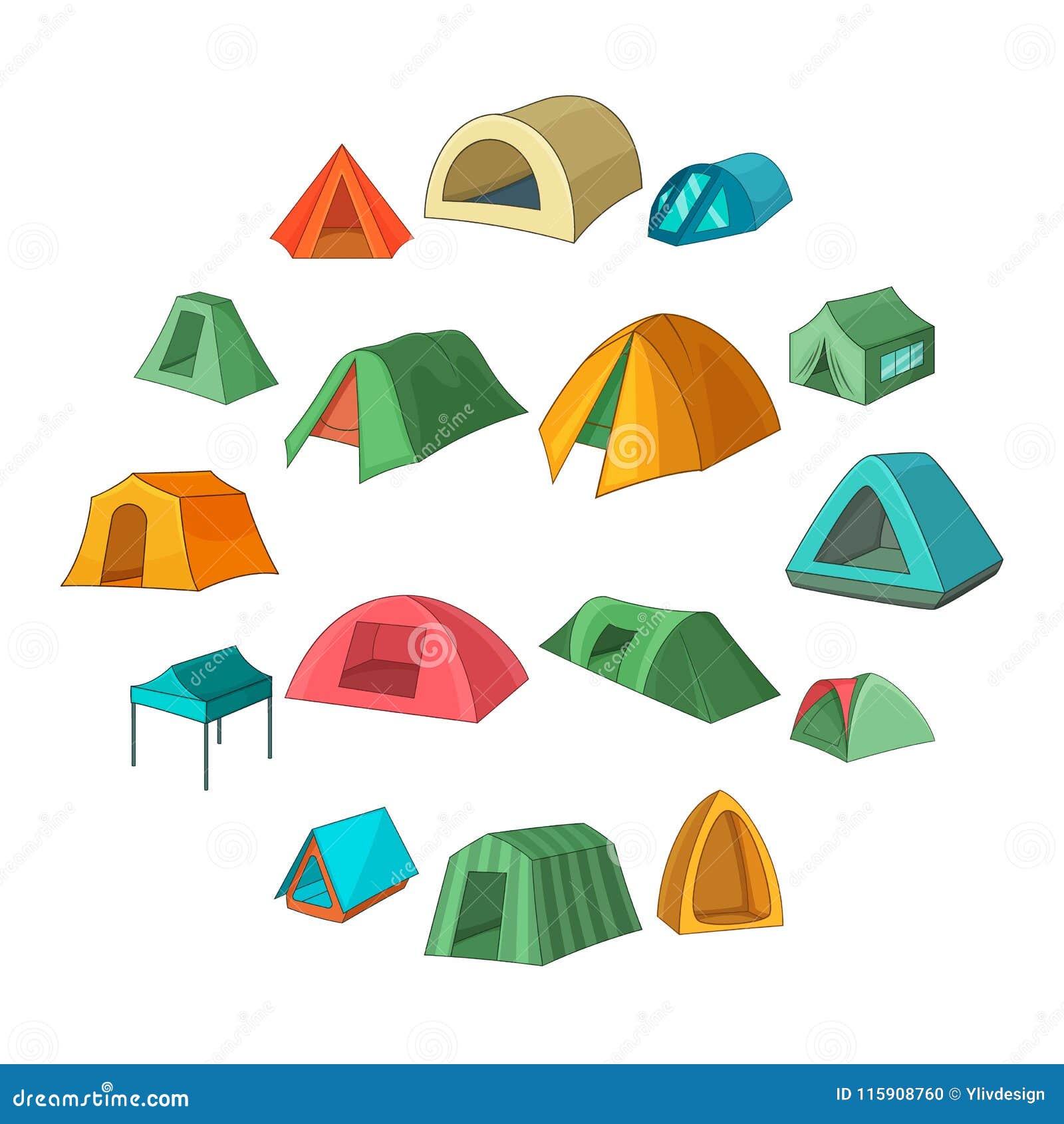 tent forms icons set, cartoon style
