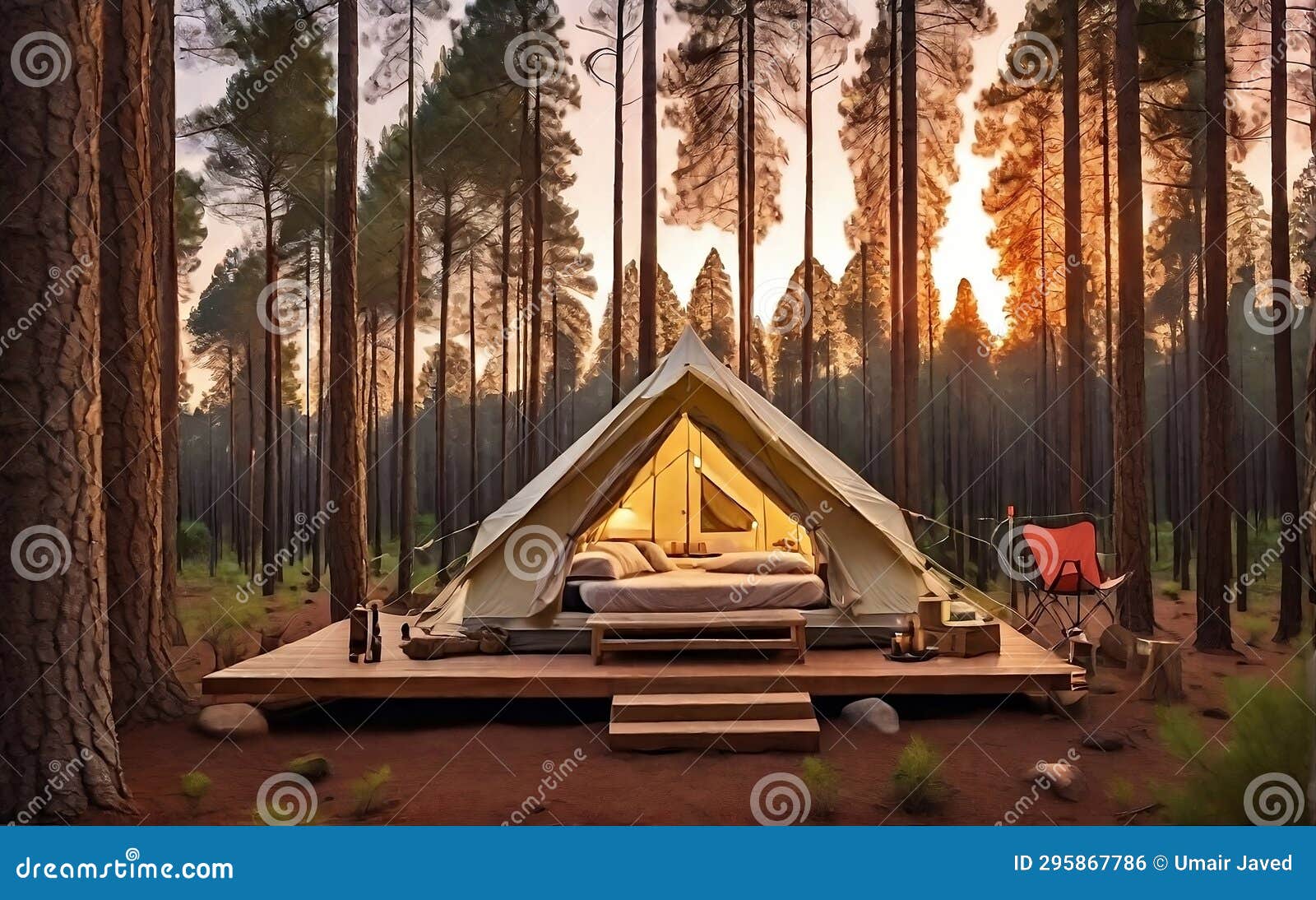 tent in the pine forest retreat as the sun sets, a cozy luxuries camping tent stands amidst a serene pine forest,