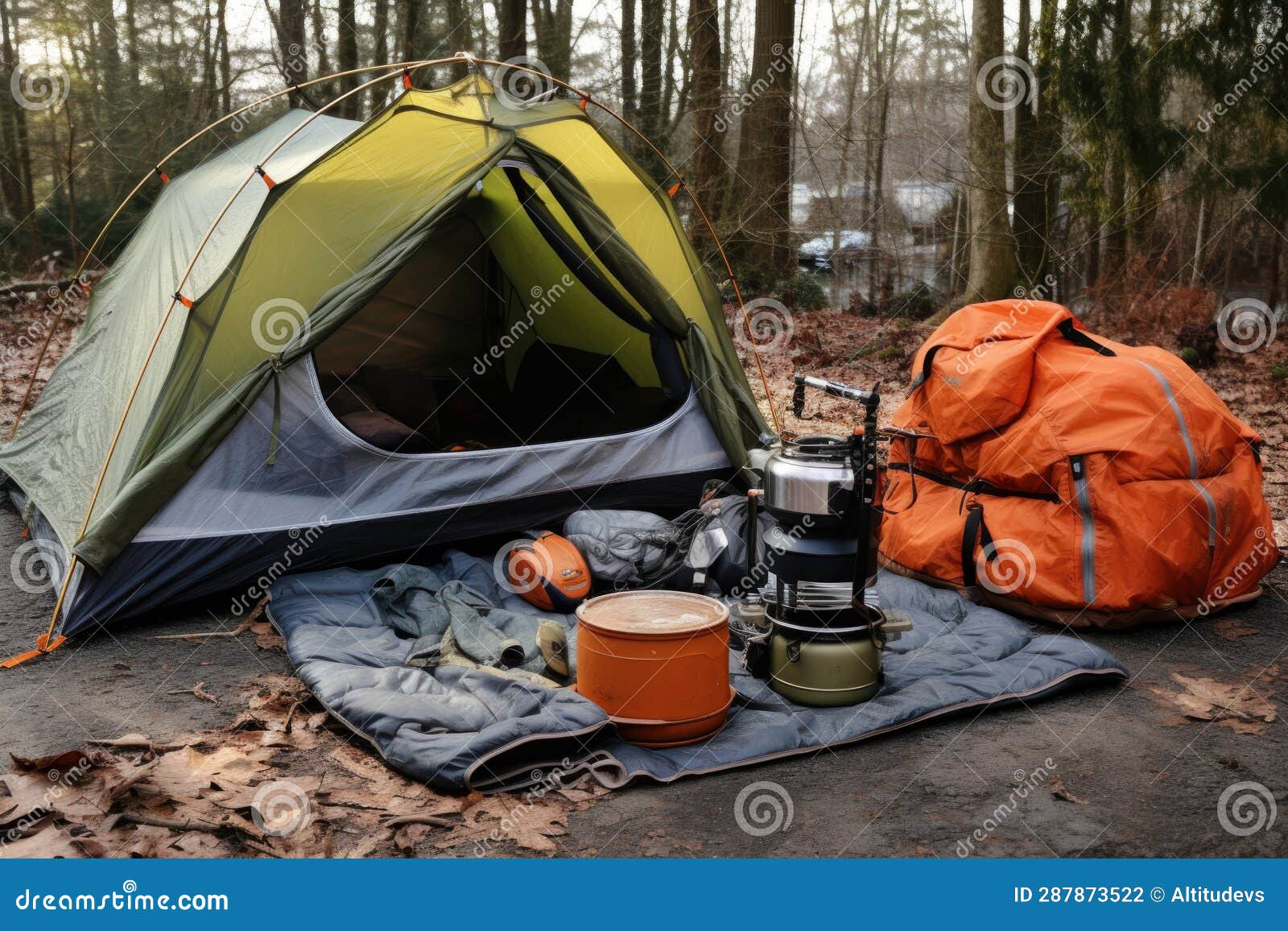 Tent, Sleeping Bag, and Camping Stove Setup Stock Illustration