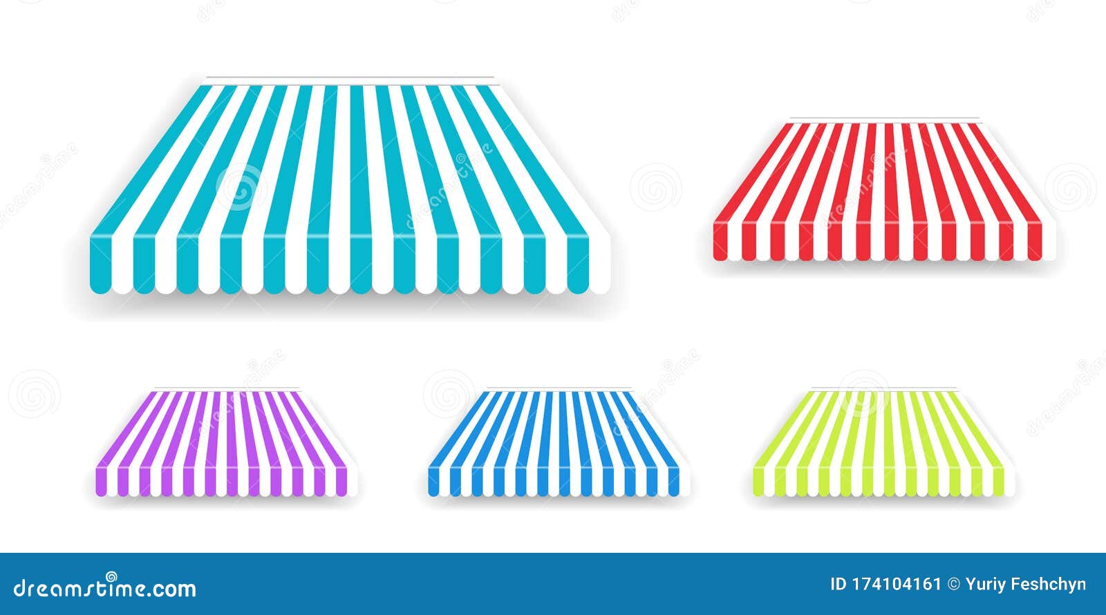 tent sunshade for window, colored striped roof . realistic shop awning tents set
