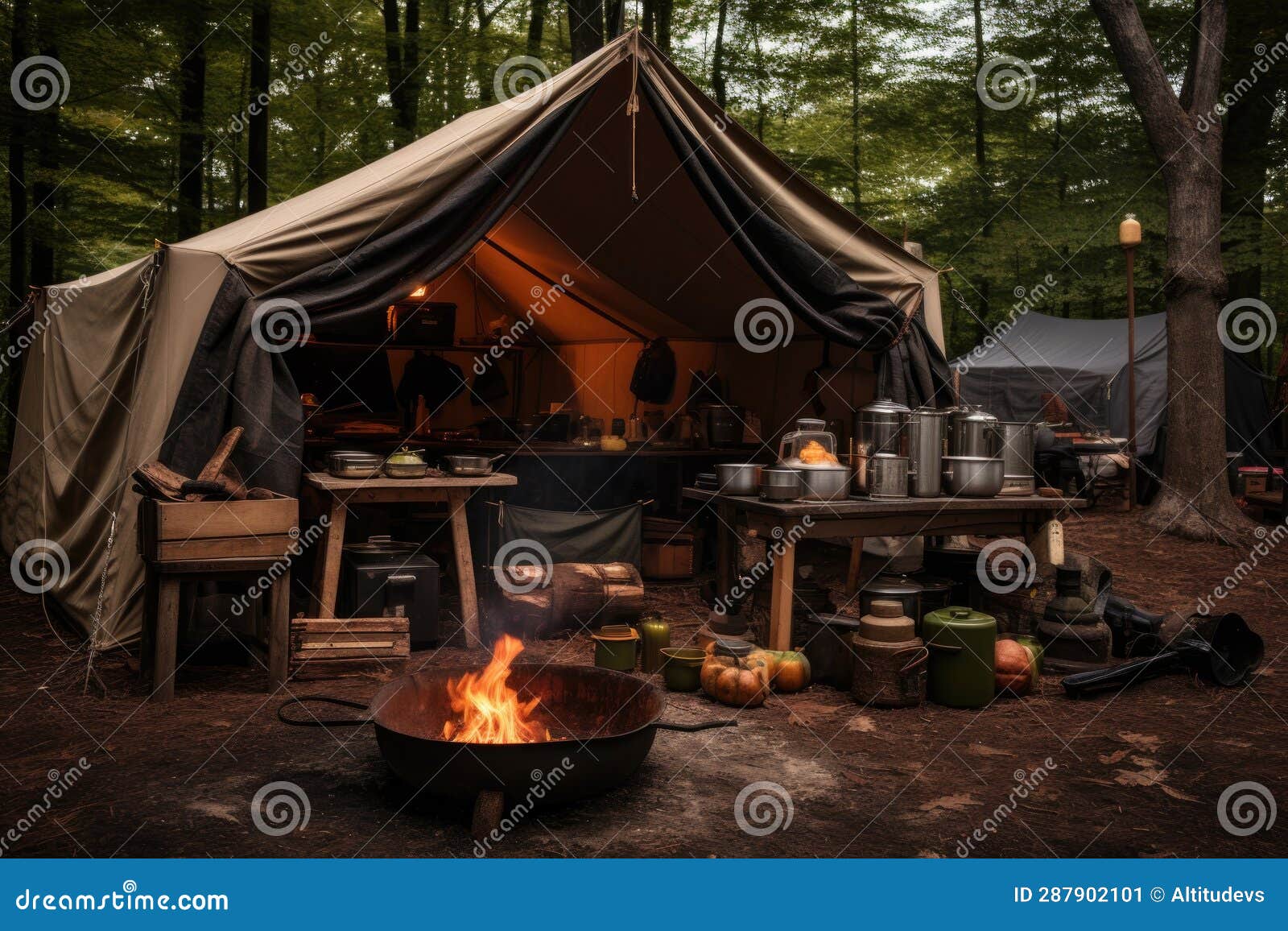 Tent Surrounded by a Campfire and Cooking Equipment Stock Image Image