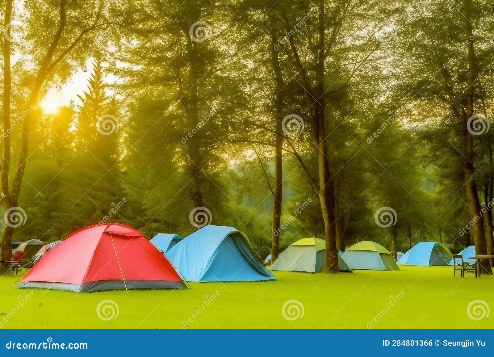 Tents Camping Area, Early Morning. Panoramic Landscape Stock Photo