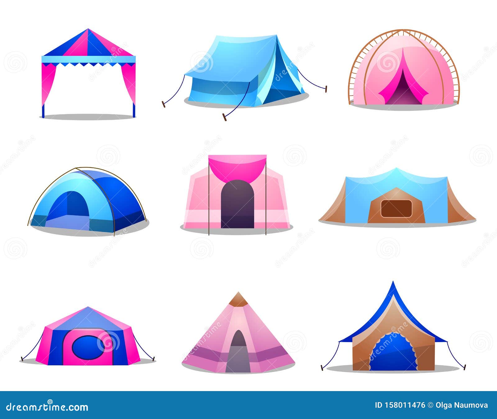 Tents Design Set. Raster Illustration in Isolated Cartoon Style Stock ...