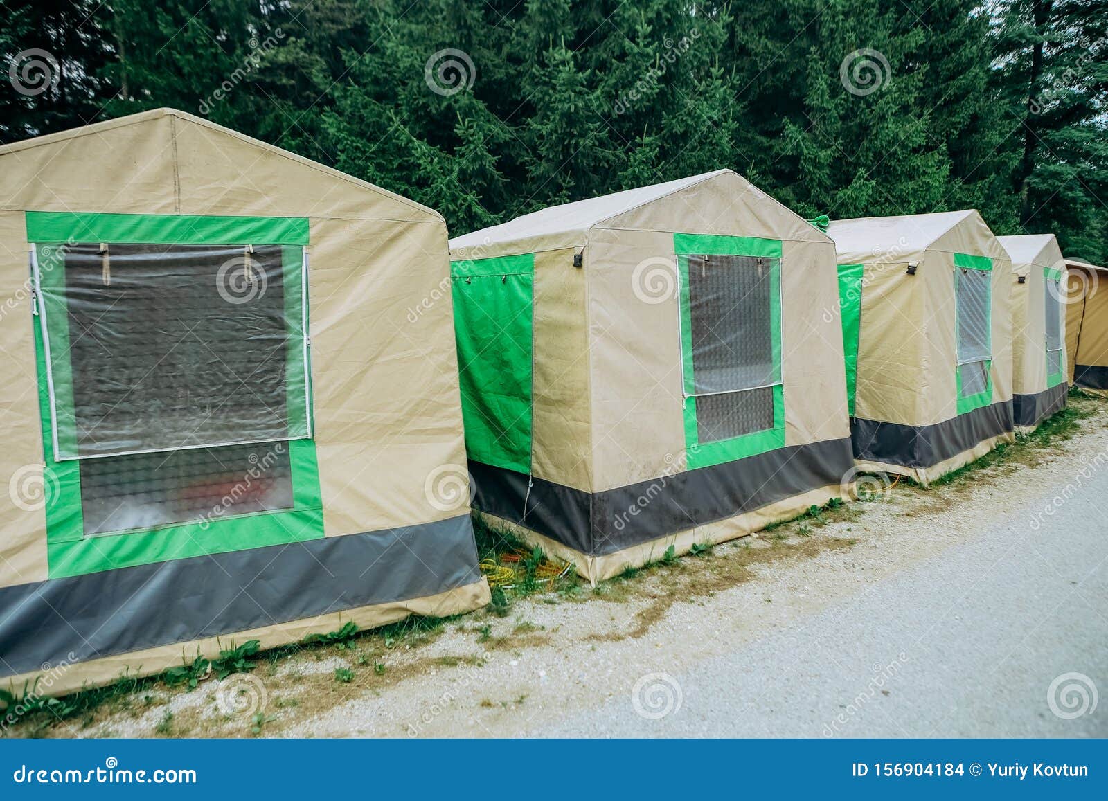 Tents Group Row Camping Park Forest Nature Recreation Stock Photo