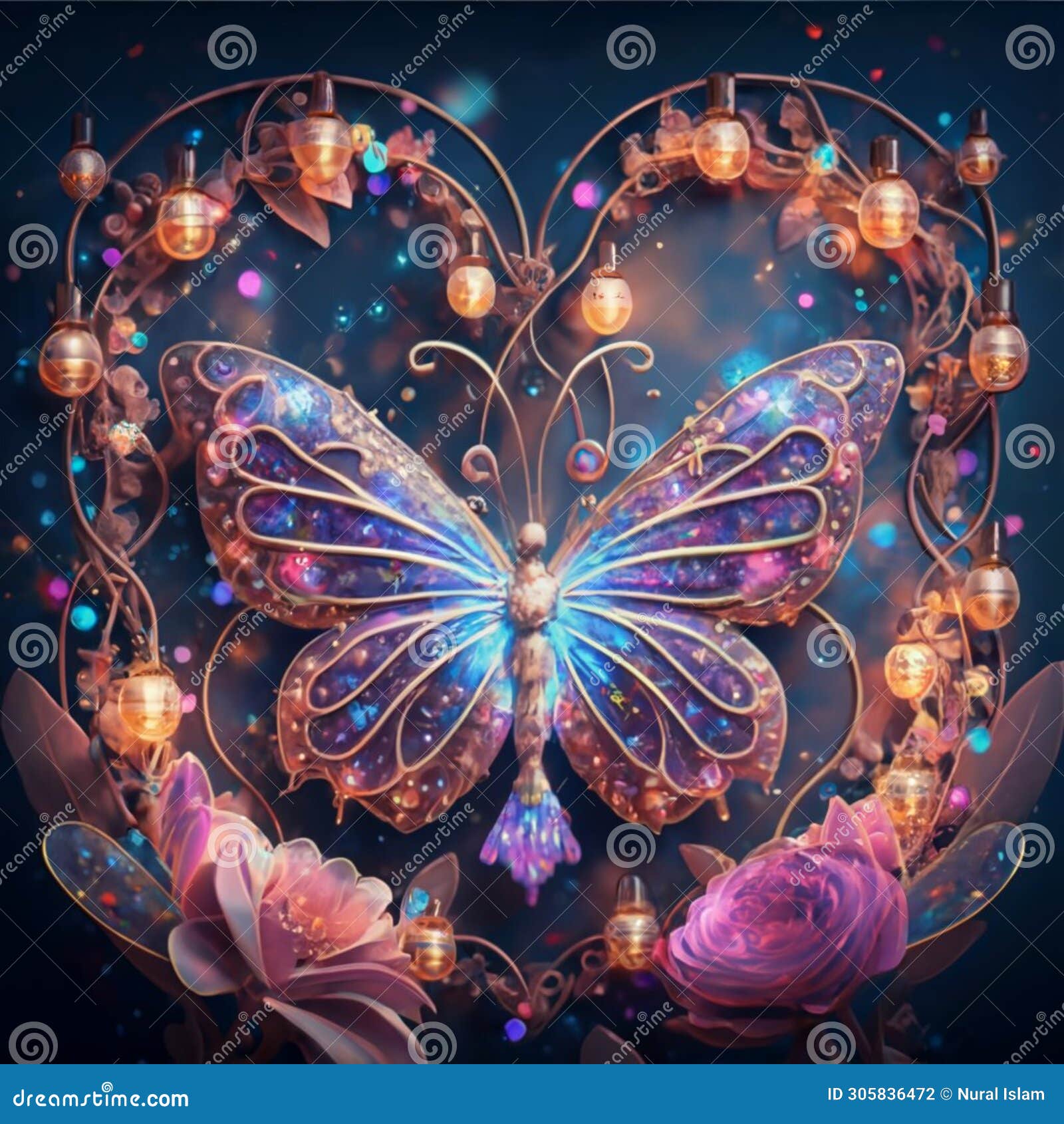 glimmering garden: butterfly, heart flower, and floral splendor illuminated