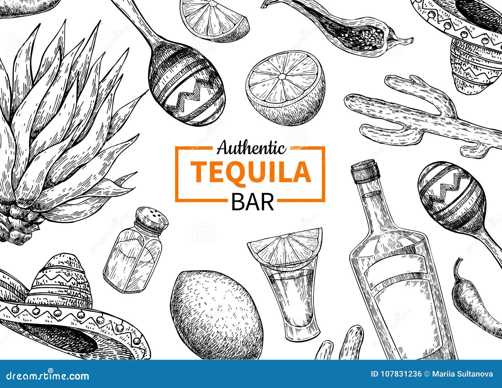 tequila bar  label. mexican alcohol drink drawing. bottle