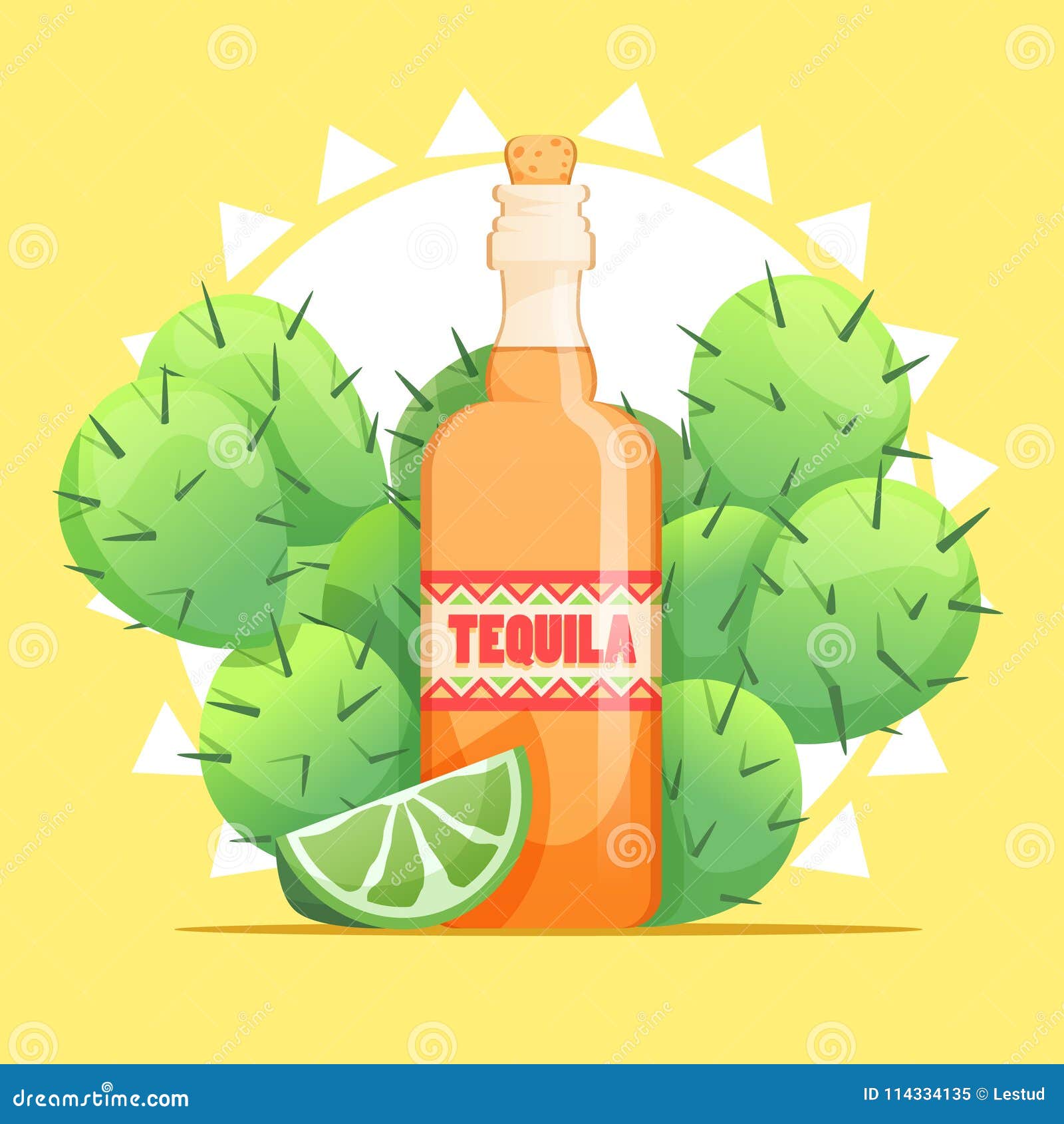 Tequila Bottle with Lime and Cactus Stock Vector Illustration of
