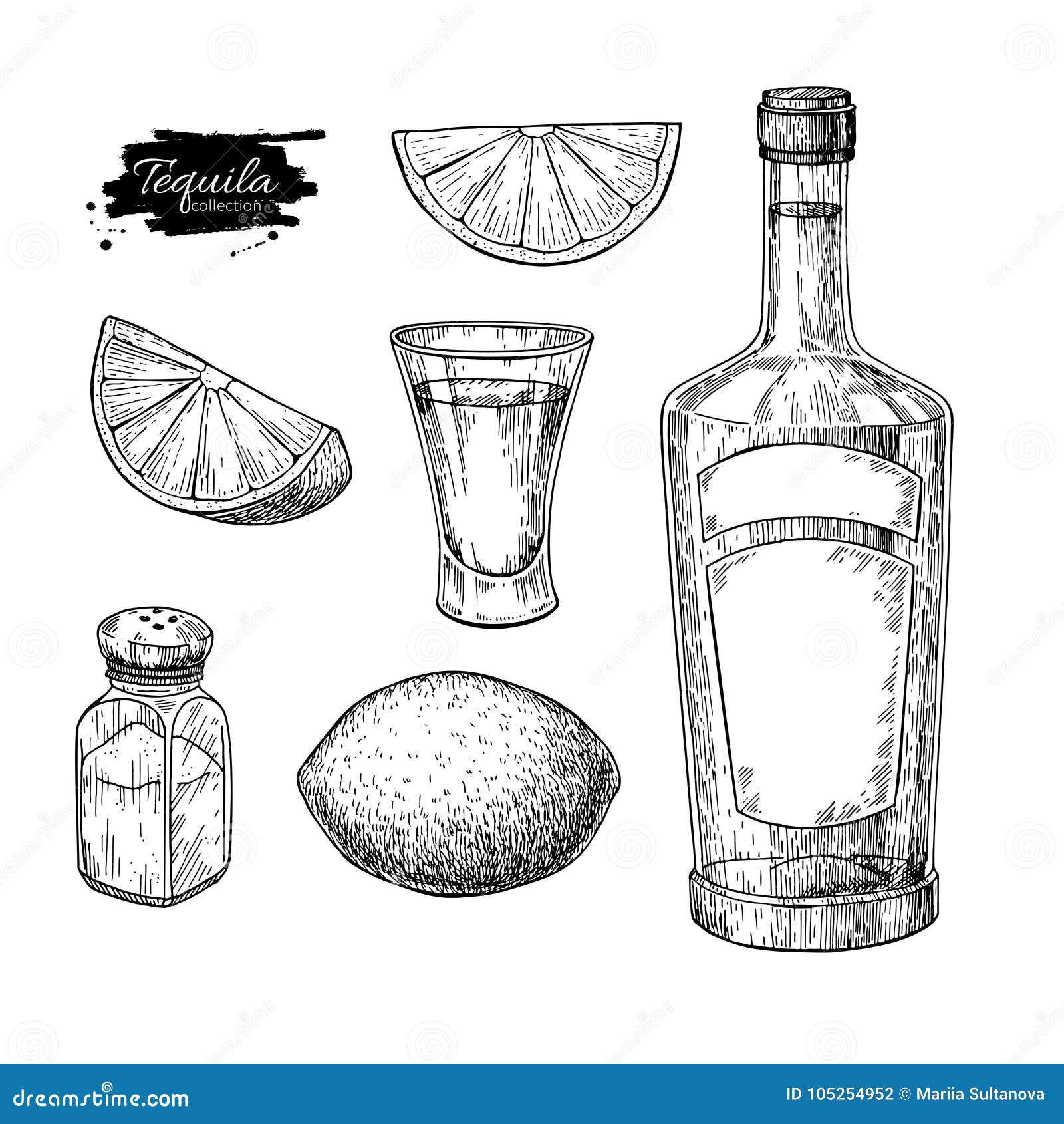 tequila bottle, salt shaker and shot glass with lime. mexican alcohol drink  drawing