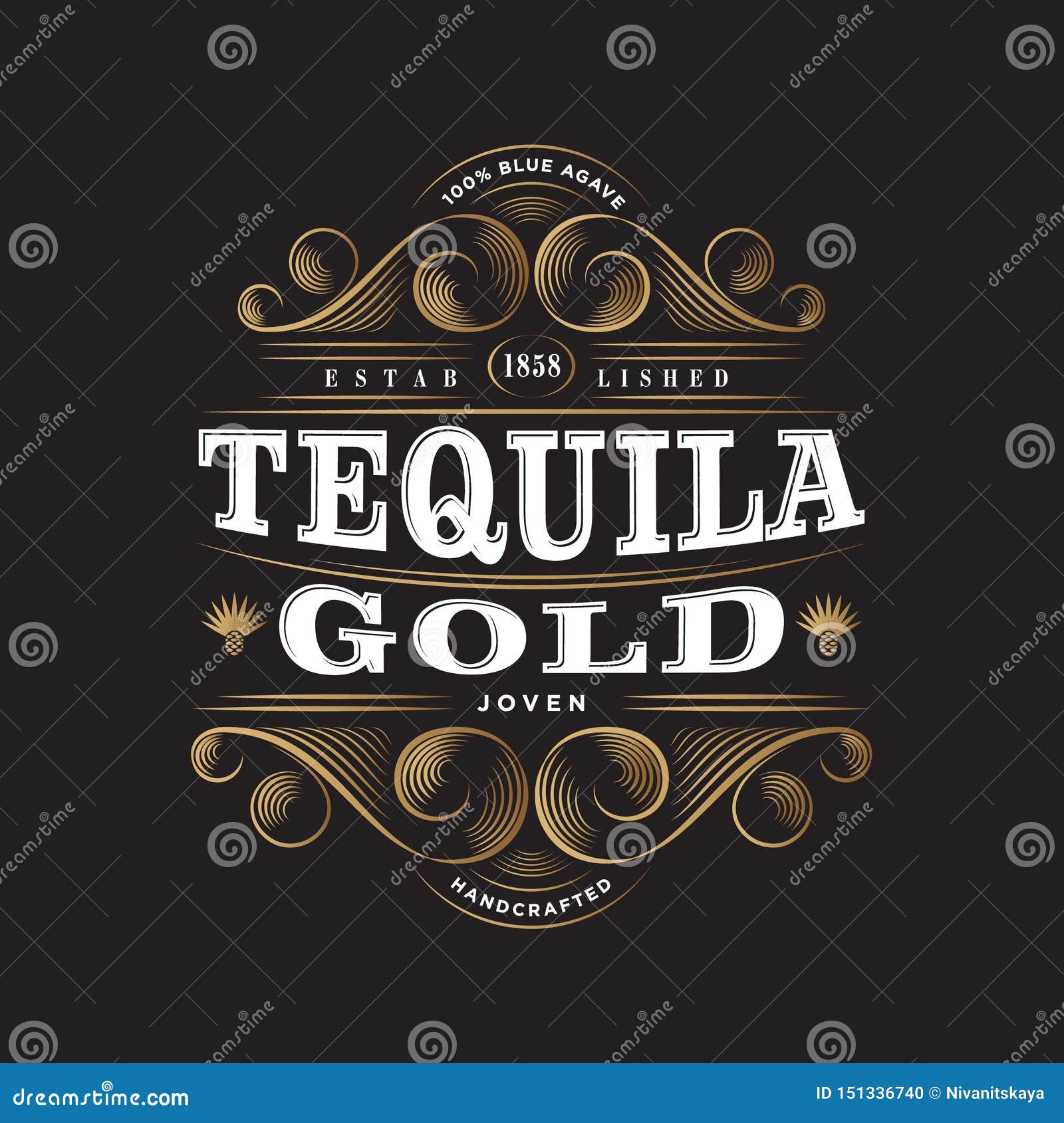 tequila gold logo. tequila gold label. premium packaging . lettering composition and curlicues decorative s.