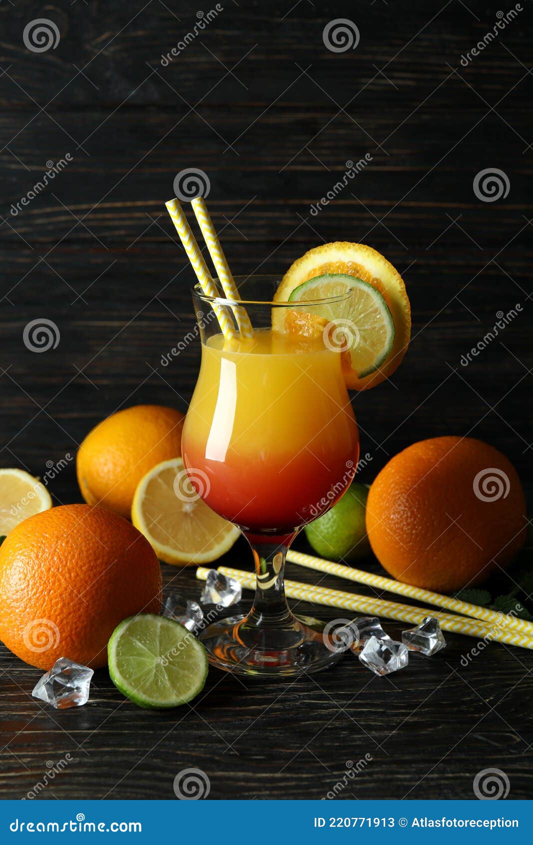 Tequila Sunrise Cocktail and Ingredients on Wooden Table Stock Image ...