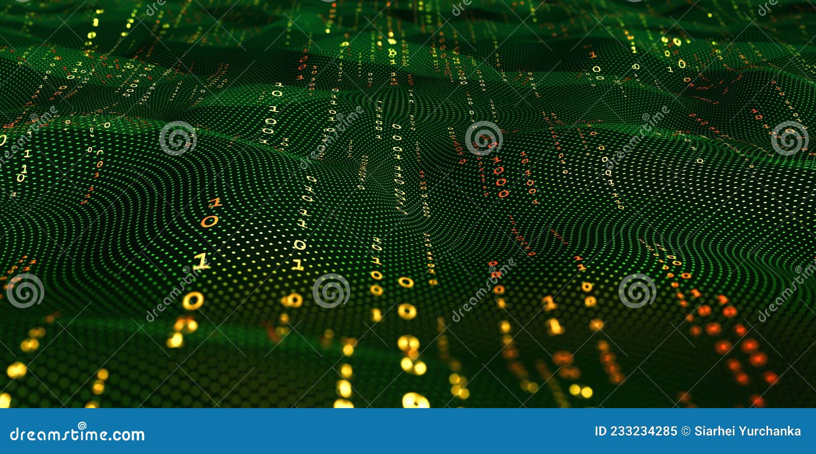 terabytes of binary code data flying in a stream of information. wavy field of coded blockchains