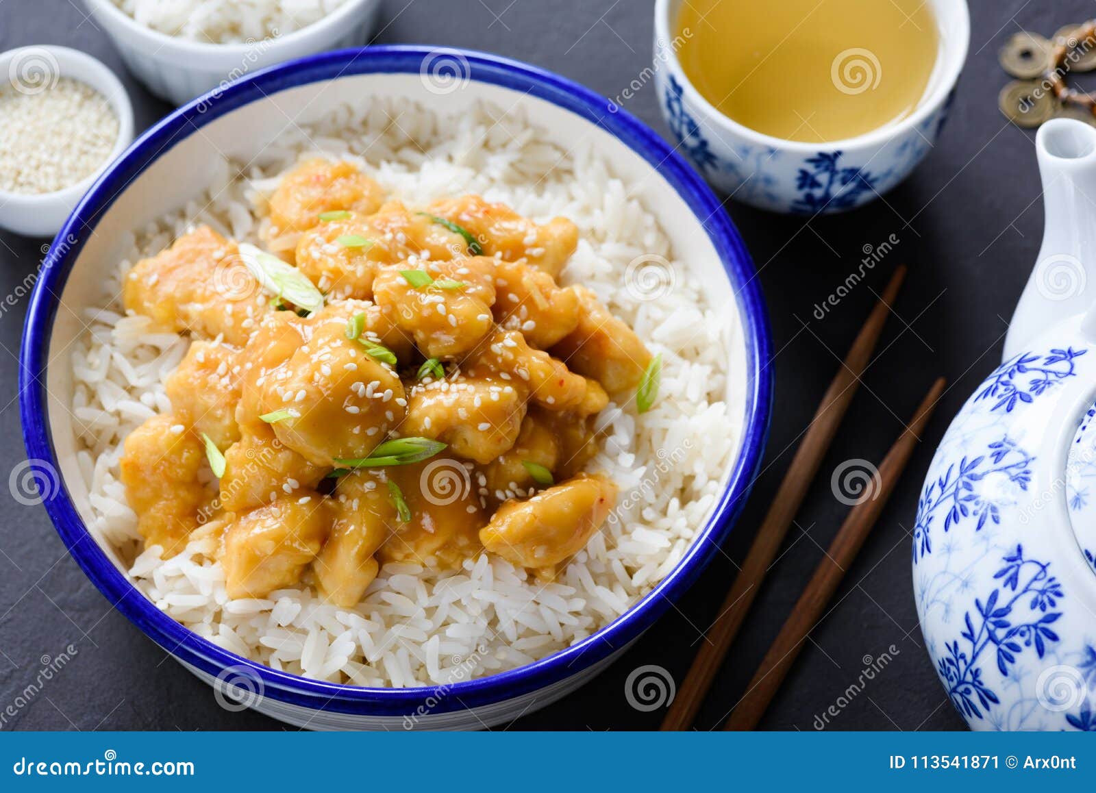 Teriyaki Chicken with Rice and Green Tea in China Tea Pot Stock Image ...