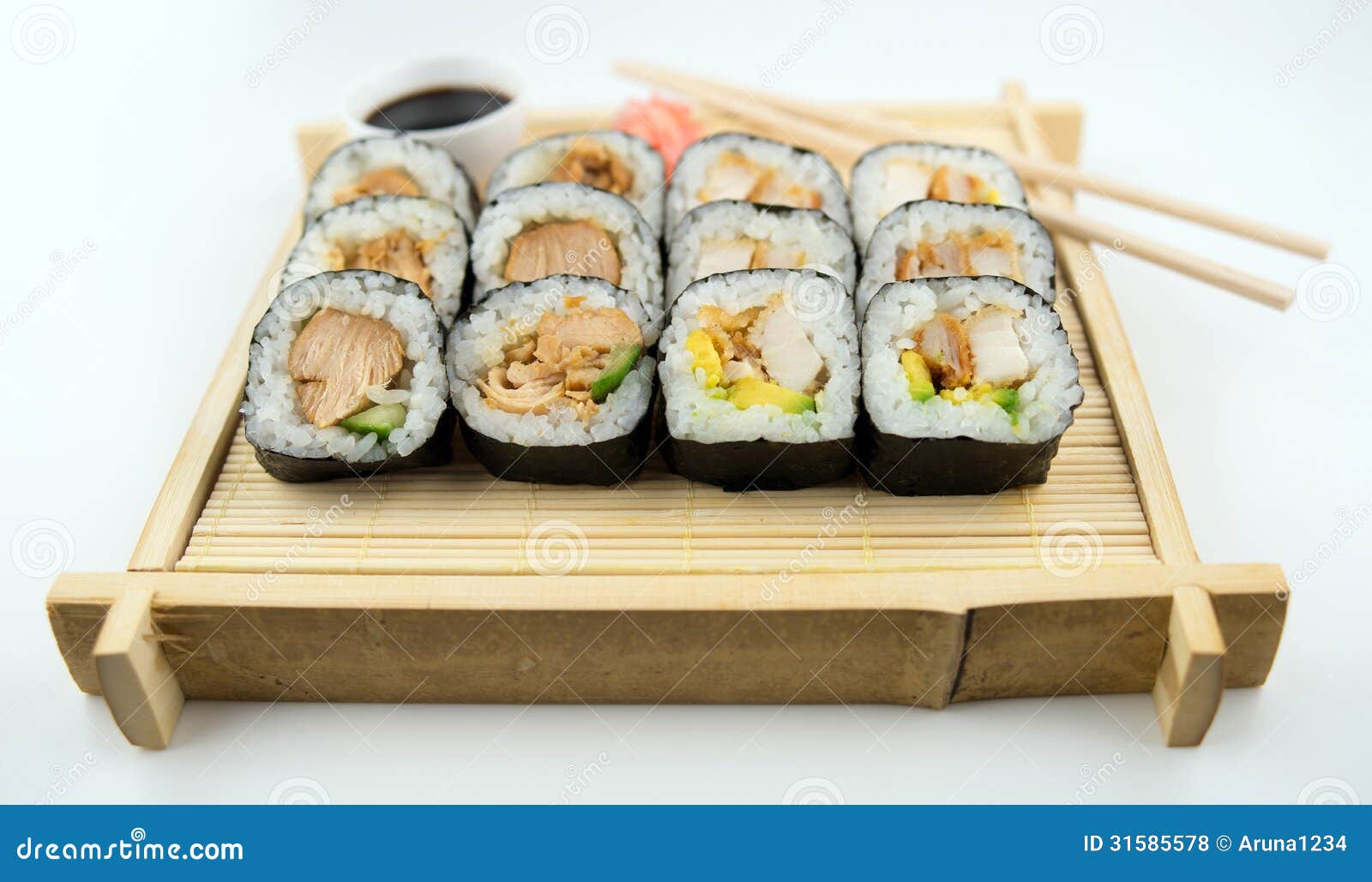 Teriyaki And Fried Chicken Sushi Rolls On Japanese Bamboo ...