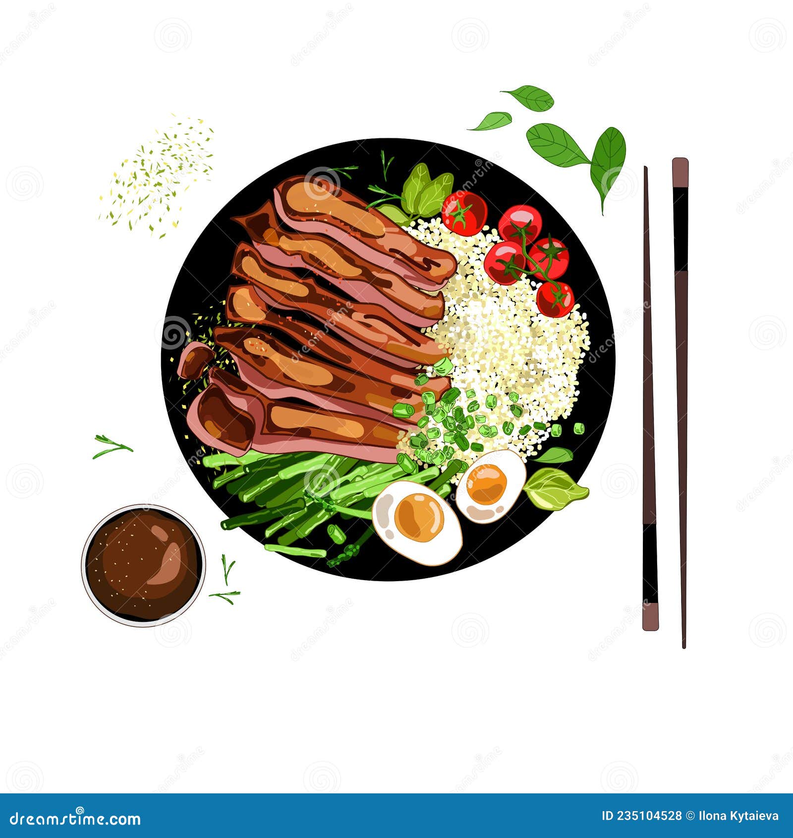 Teriyaki Steak Rice Bowl with a Branch of Tomatoes, Egg and Asparagus