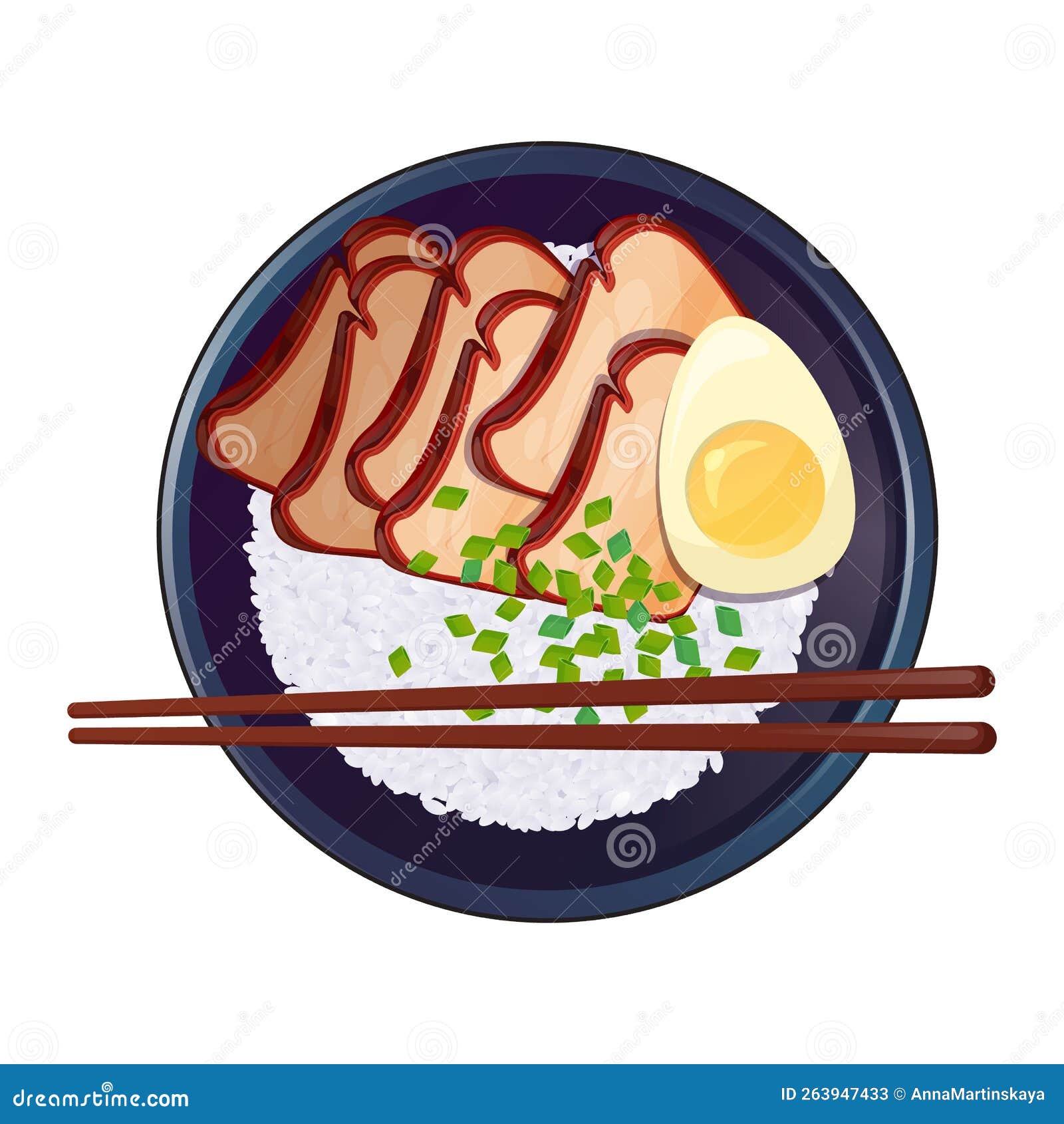 Teriyaki Meat Steak Rice Bowl With Egg And Chopsticks, Top View. Asian