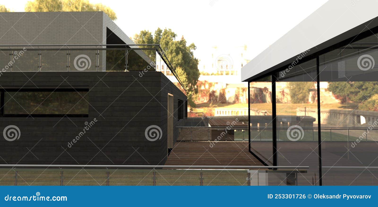 Renderização em 3d de uma casa moderna com fachada escura. casa com janelas  panorâmicas e terraço. tijolo