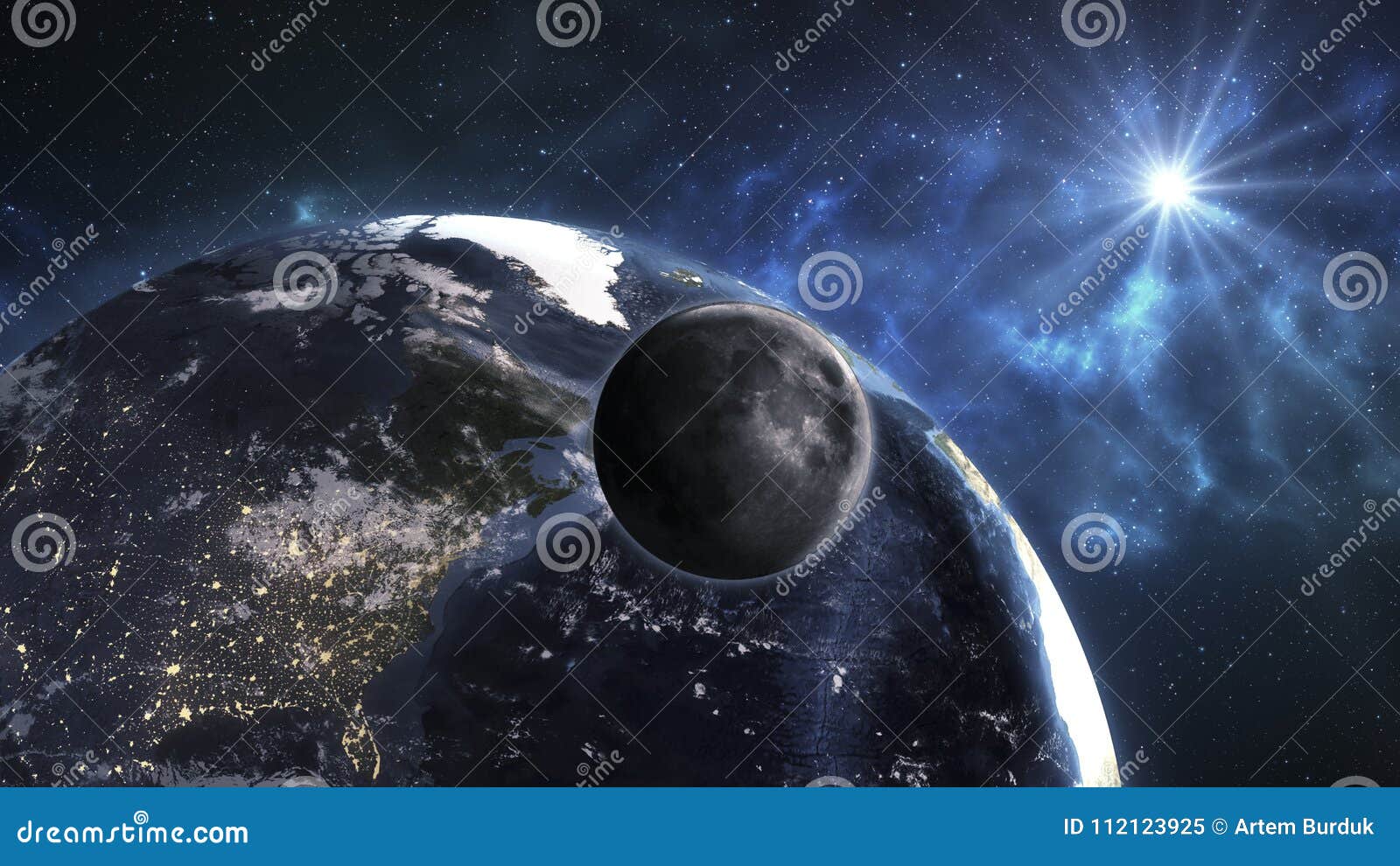 Terra Com a Lua No Espaço Nascer Do Sol Azul Bonito Elementos O Ilustração  Stock - Ilustração de marte, noite: 112123925, image size:1600x990