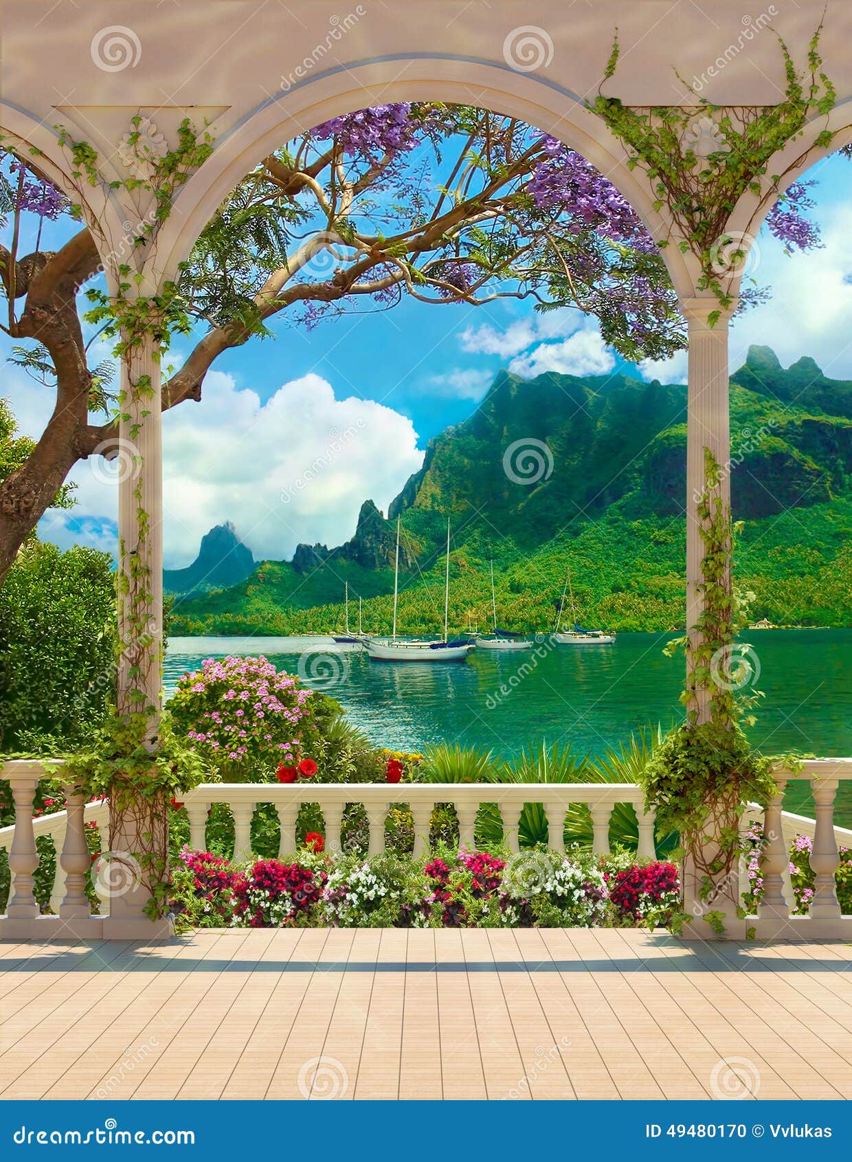 terrace with balustrade overlooking the sea and yachts